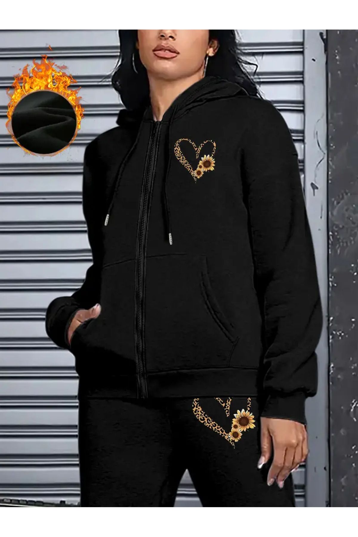 HOFFNUNG Full-Zip FULL HOODIE Kadın Kapüşonlu COLORED HEART Oversize Lastik Paça Eşofman Takımı