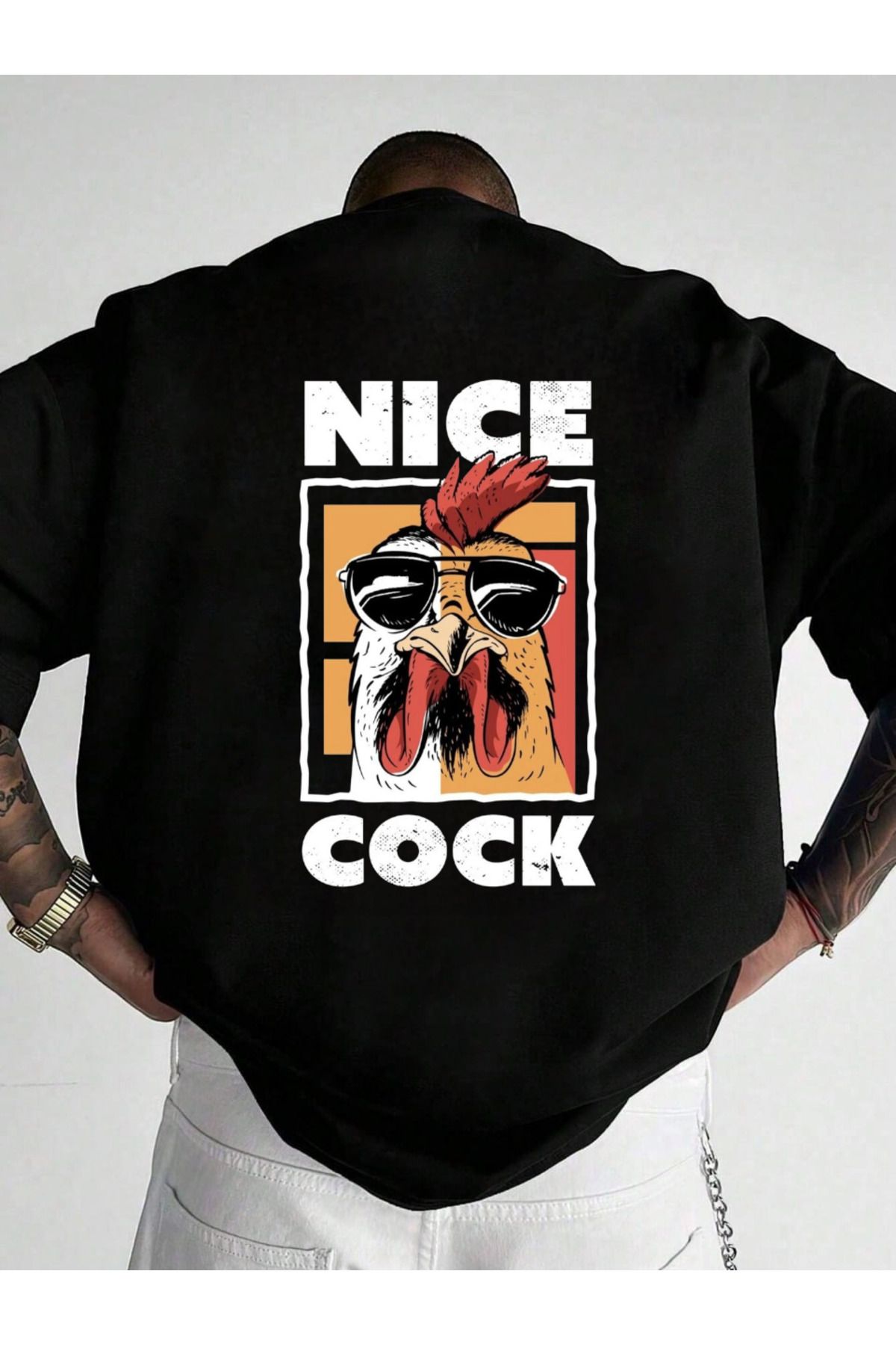 ELNOYA Unisex Pamuklu Siyah Oversize "Nice Cock" Baskılı Bisiklet Yaka Rahat T-shirt