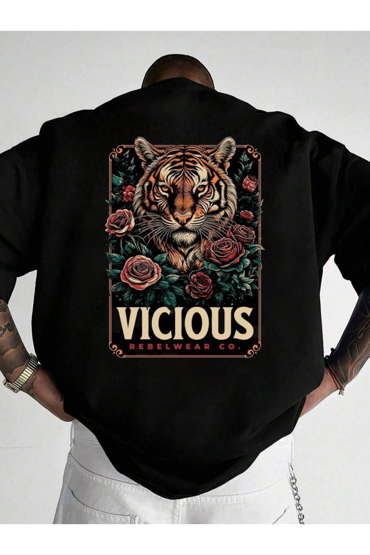 ELNOYA Unisex Pamuklu Siyah Oversize "Vicious" Baskılı Bisiklet Yaka Rahat T-shirt