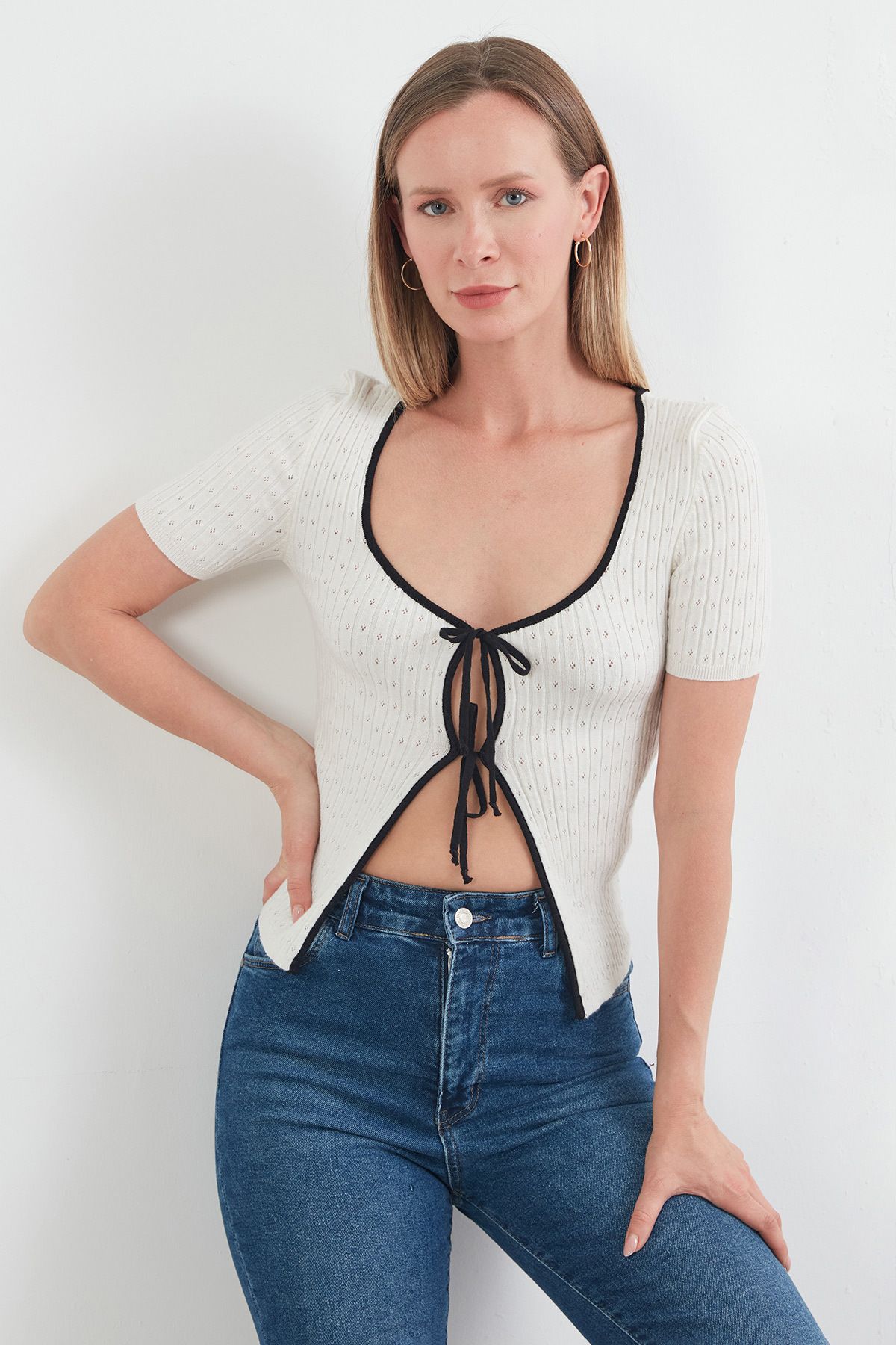 Fulla Moda Fitilli Bağlamalı Triko Bluz