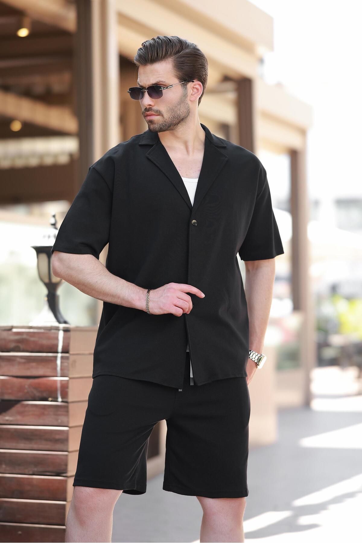 Madmext Siyah Basic Erkek Şort Gömlek Takım E7311