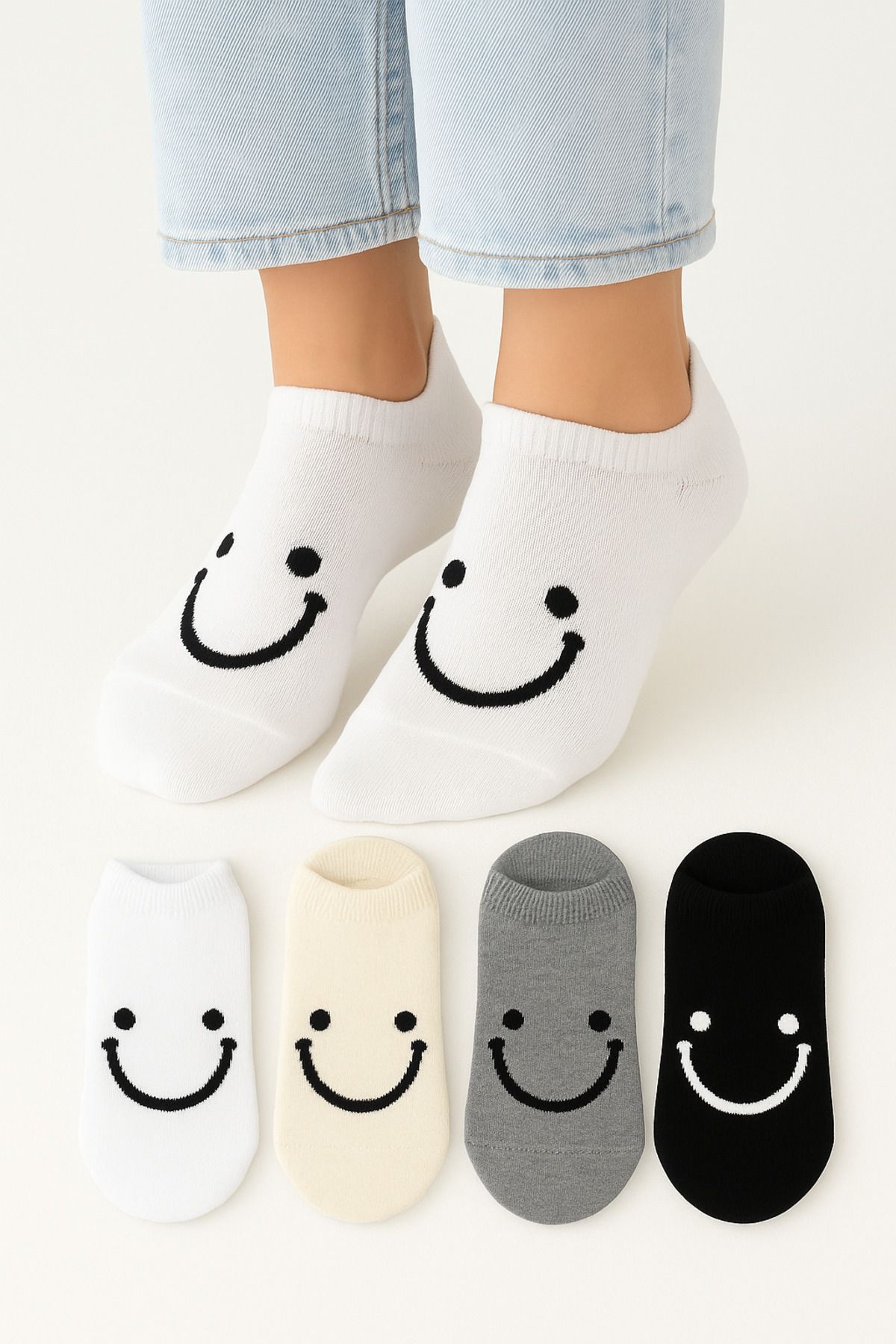 KaeLaurean Kadın Dikişsiz Soft Pamuklu Smile Desenli Happy Socks 4'lü Sneakers Çorap