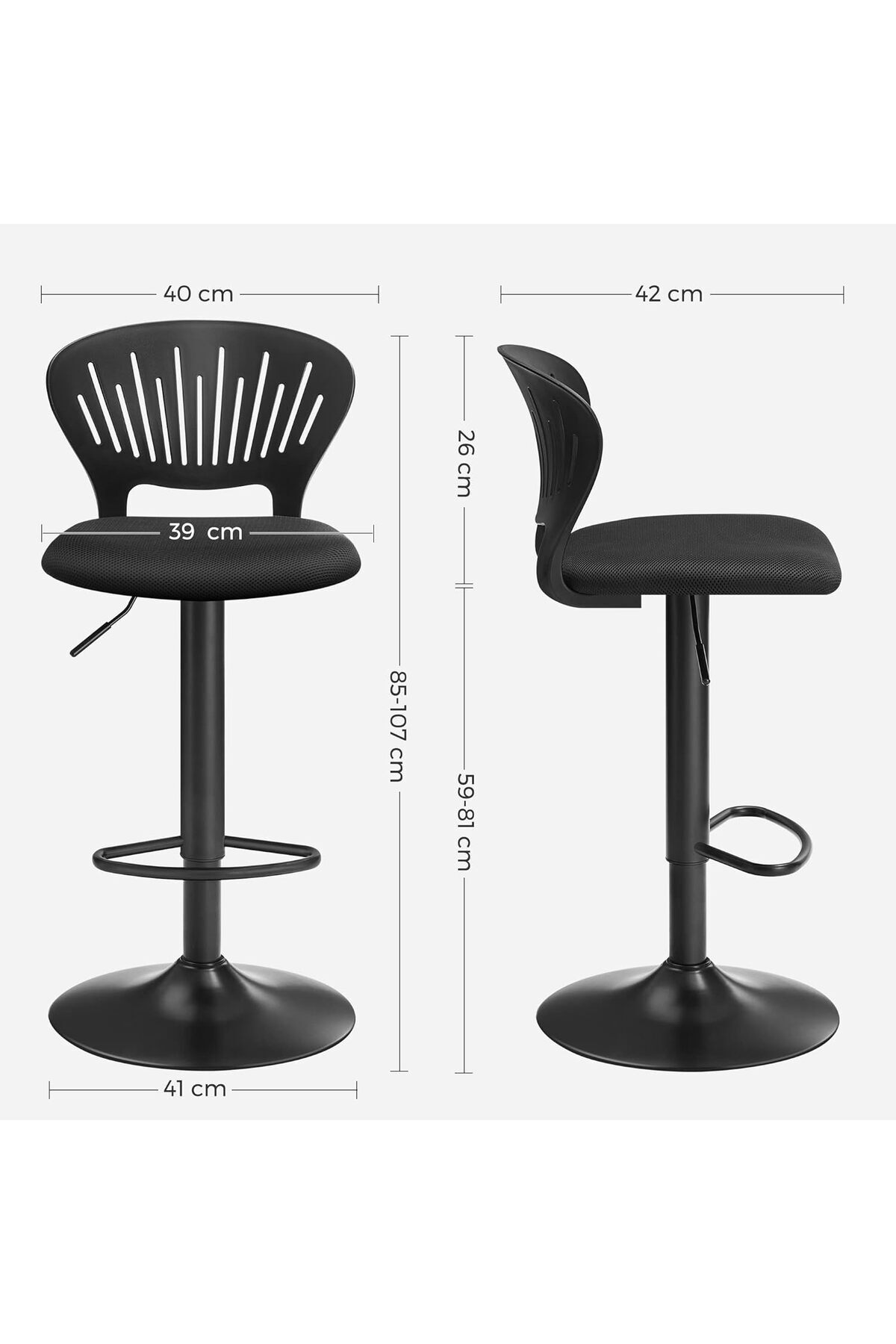 SONGMICS-Set 2 scaune de bar captusite, reglabile, cu spatar , rotatie la 360, 39x42x107cm, negru 5