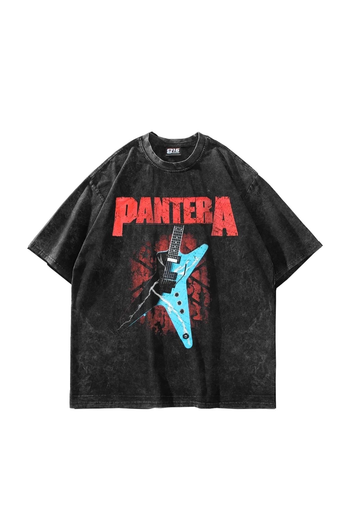 Bak Moda Pantera Baskılı Oversize Unisex Yıkamalı Siyah Tshirt