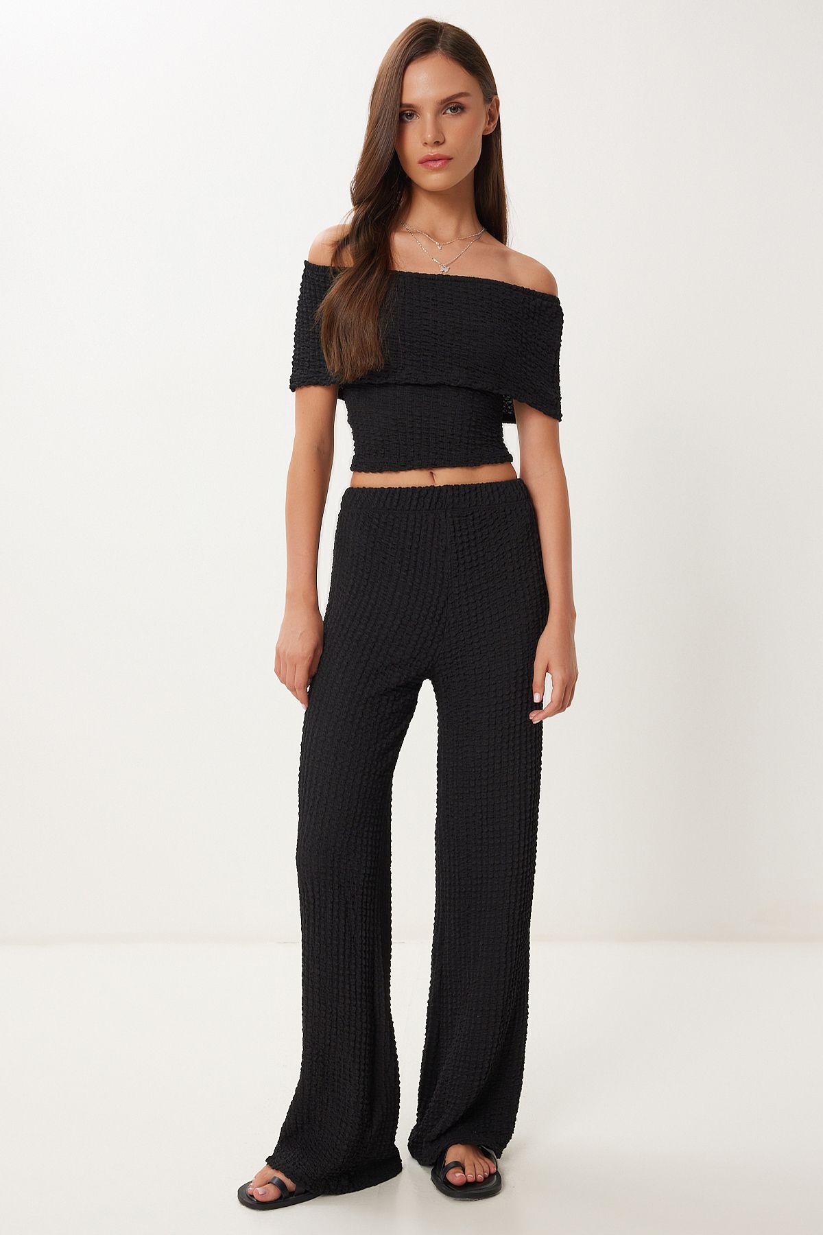 Lovelyİstanbul Dokulu Bluz Pantolon Takım SİYAH LZV0014