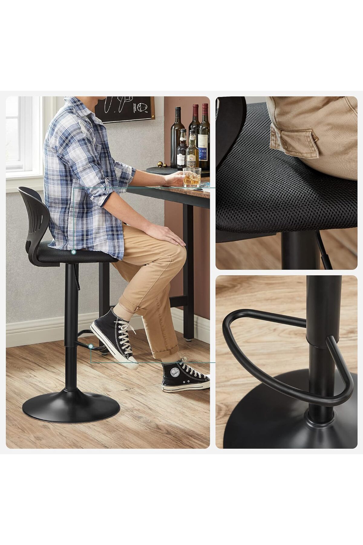 SONGMICS-Set 2 scaune de bar captusite, reglabile, cu spatar , rotatie la 360, 39x42x107cm, negru 2