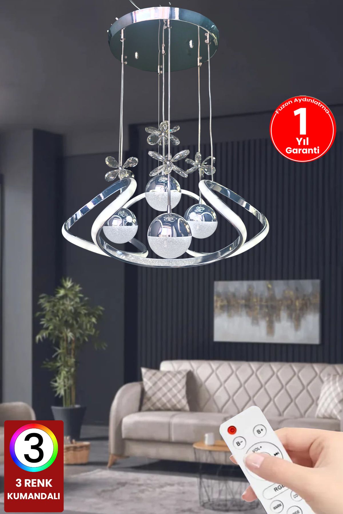 FUZON Drone 4 Toplu 3 Renk Kumandalı Led Avize Büyük Salon Led Avize Kristal Taşlı Avize