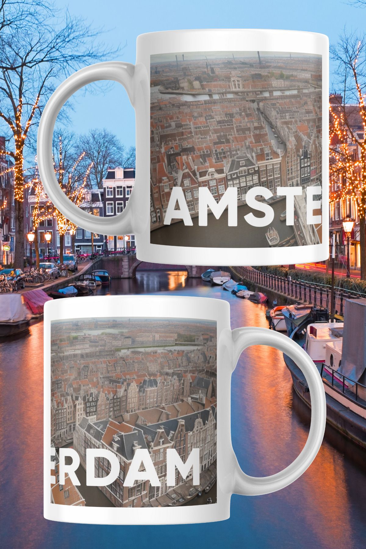 zerhome Amsterdam Temalı Beyaz Porselen Kupa Bardak