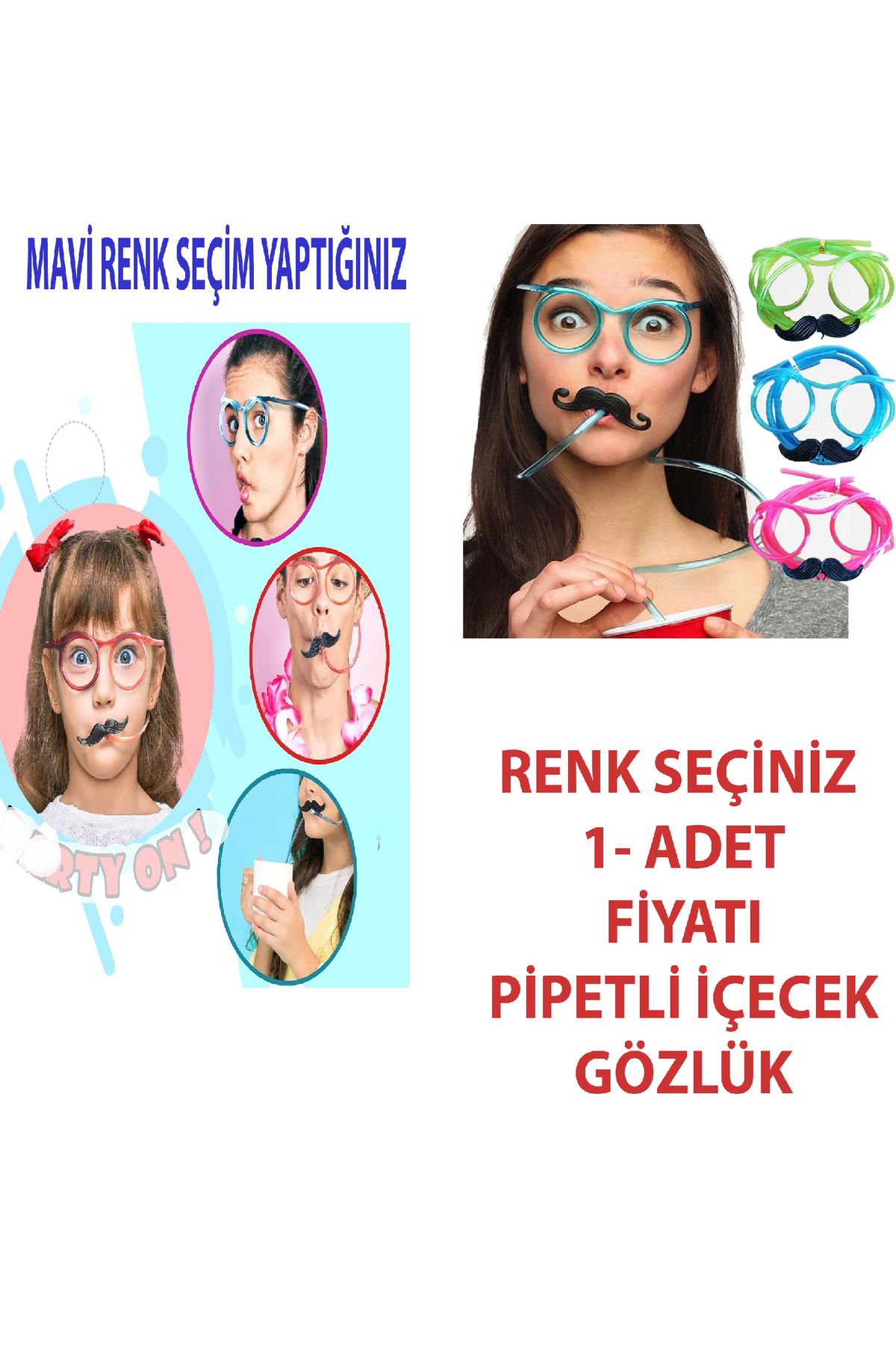 moys party & ahsap Pipetli Parti Gözlüğü - Çocuk ve Yetişkin Bıyıklı Pipet Gözlük Renk Seçiniz