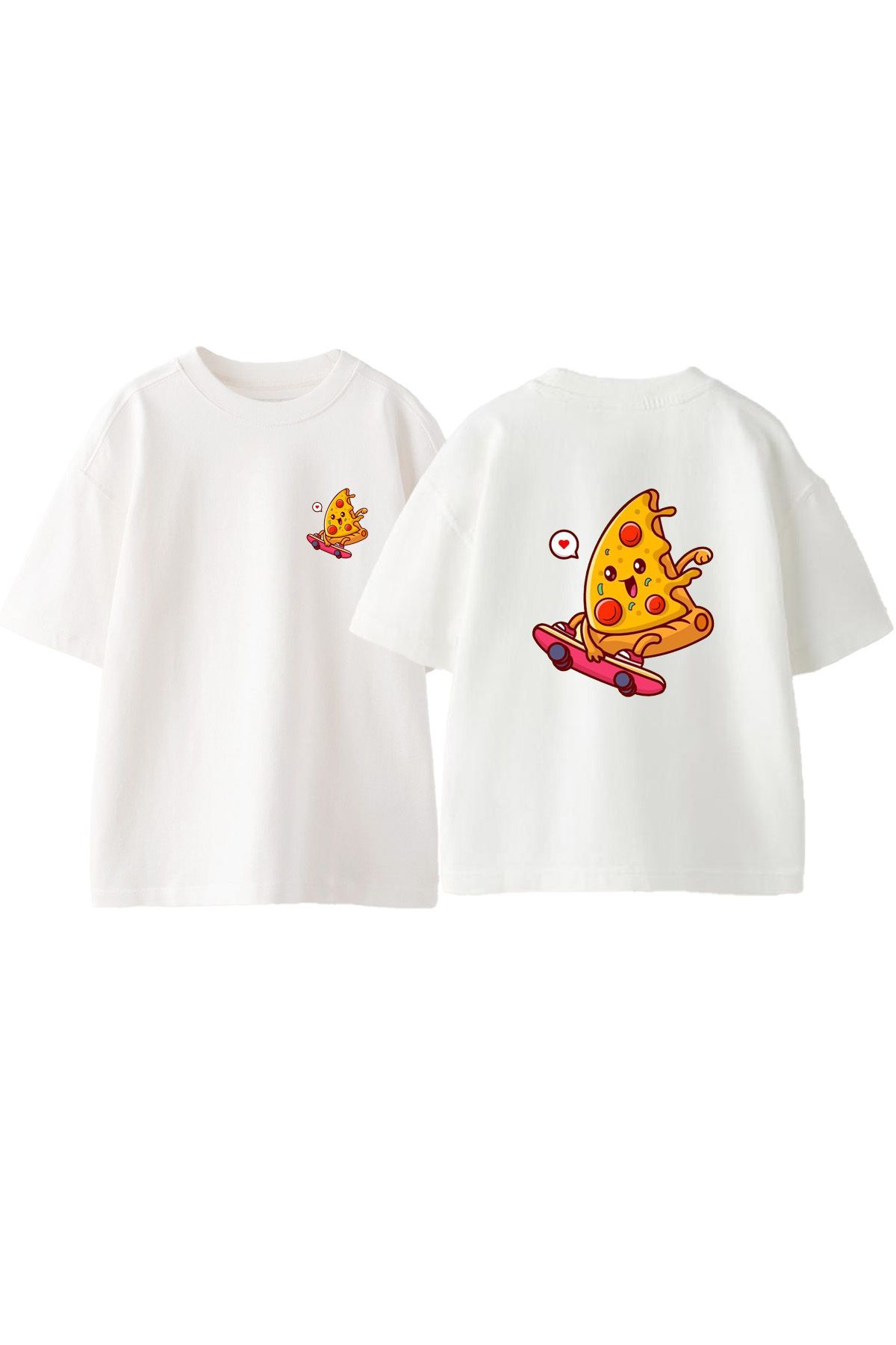 Anetos Patenci Pizza Ön Arka Baskılı Pamuk Beyaz Oversize T shirt