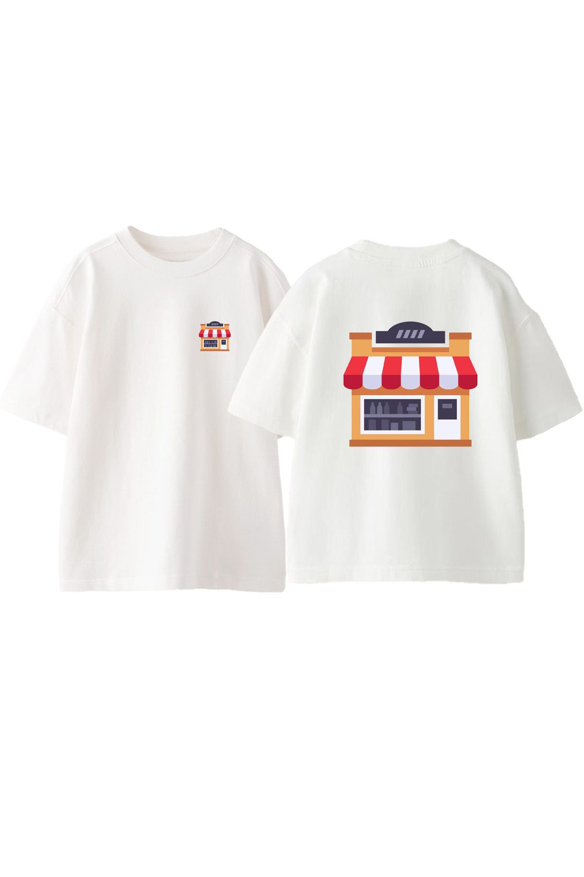 Anetos Bakkal Ön Arka Baskılı Pamuk Beyaz Oversize T shirt