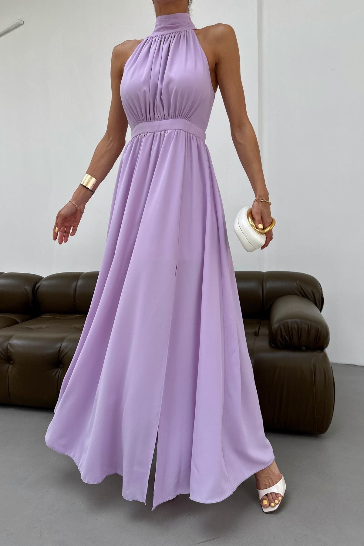mylove Halter Yaka Yırtmaçlı Şifon Elbise Lila