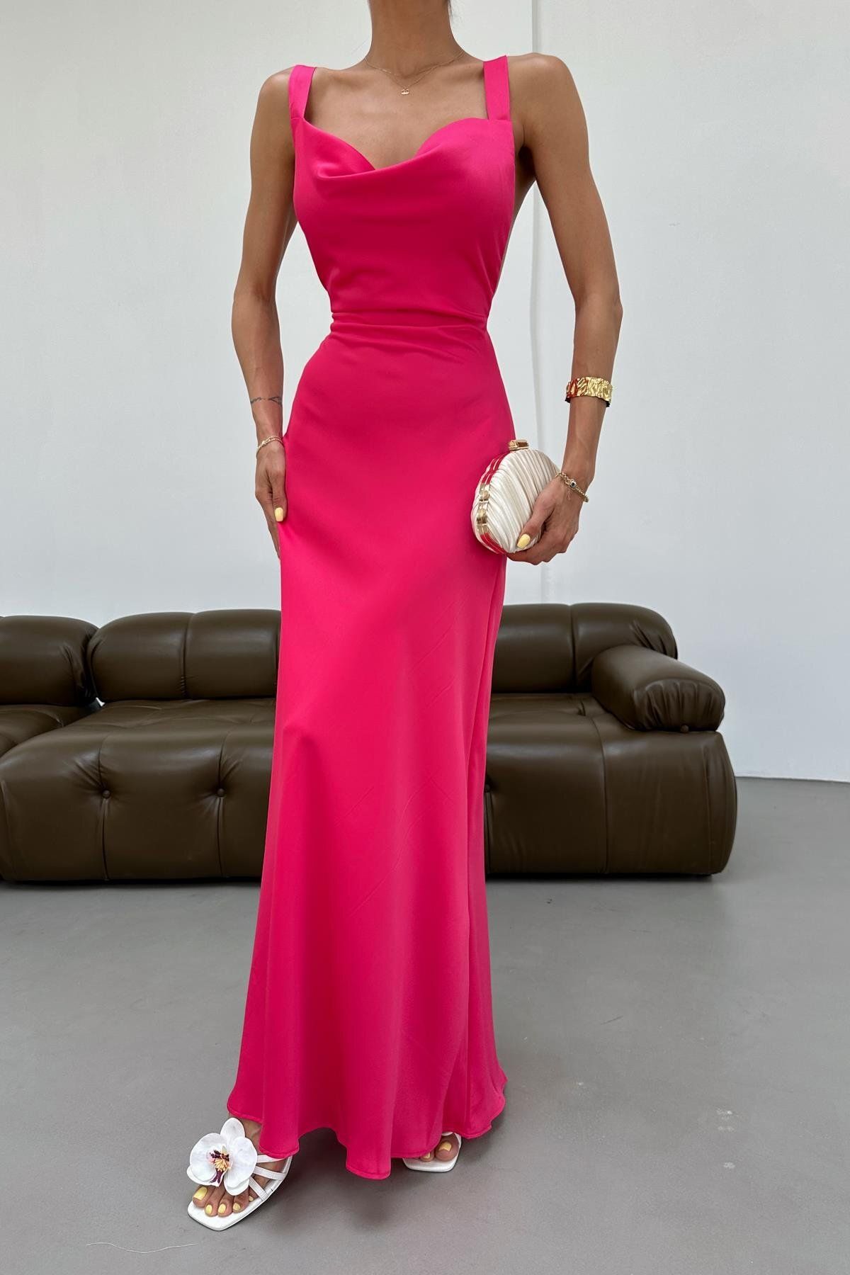 mylove Sırtı Çapraz Saten Elbise Pembe