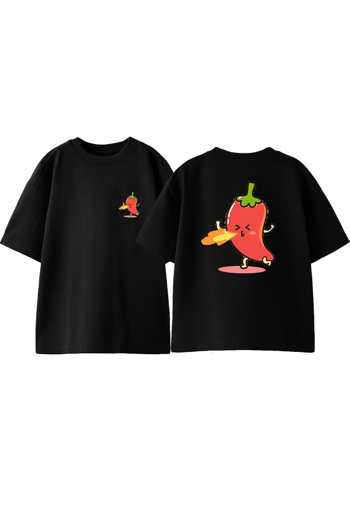 Anetos Atesli Biber Ön Arka Baskılı Pamuk Siyah Oversize T shirt