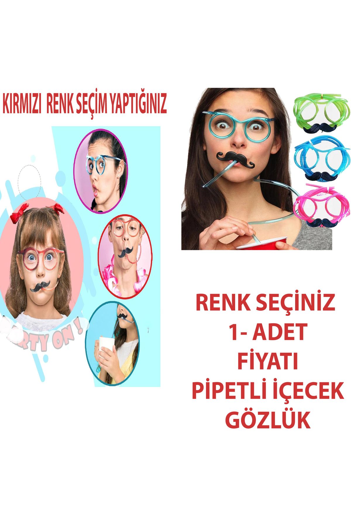 moys party & ahsap Pipetli Parti Gözlüğü - Çocuk ve Yetişkin Bıyıklı Pipet Gözlük Renk Seçiniz