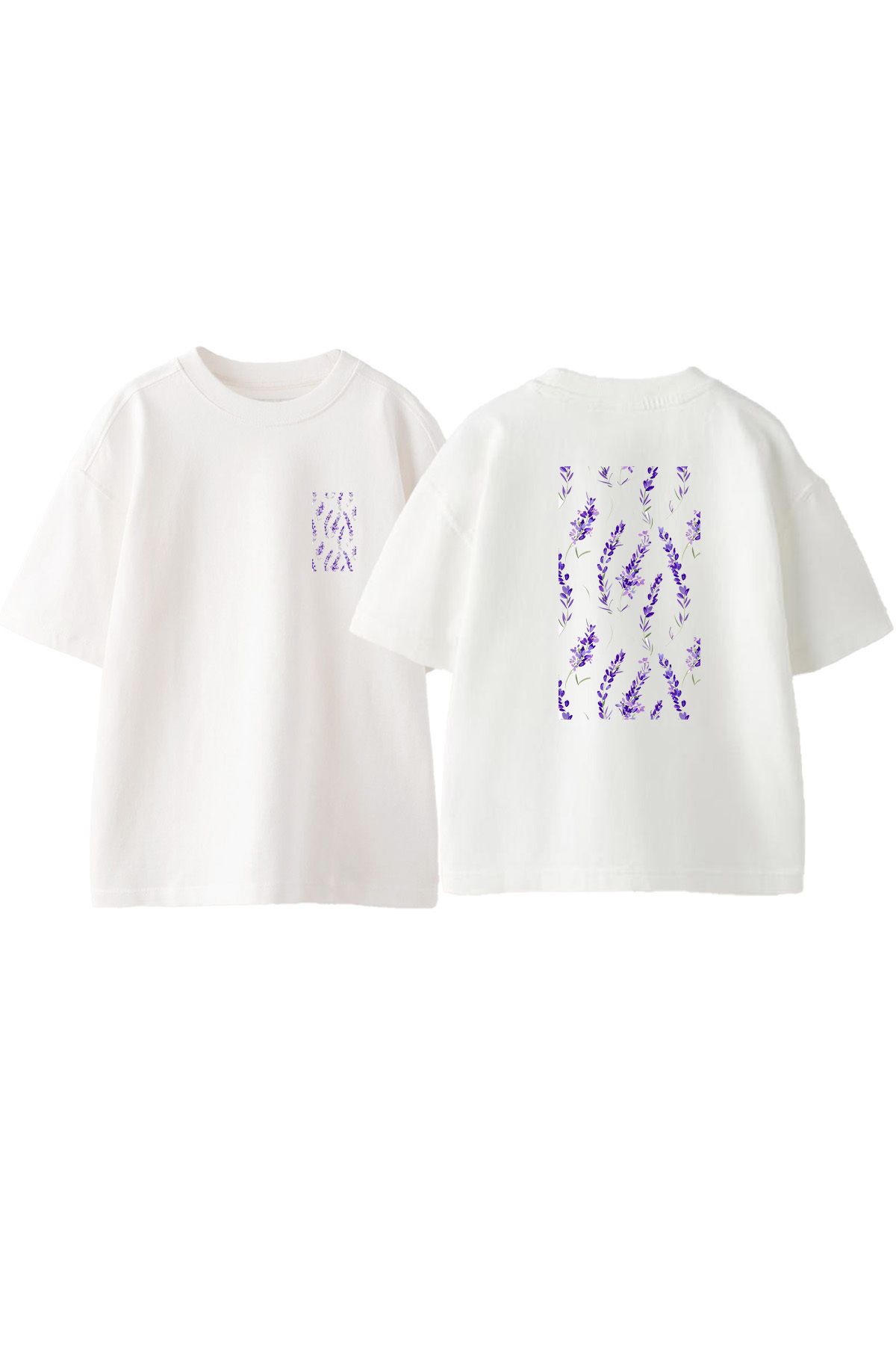 Anetos Mor Cicekler Ön Arka Baskılı Pamuk Beyaz Oversize T shirt