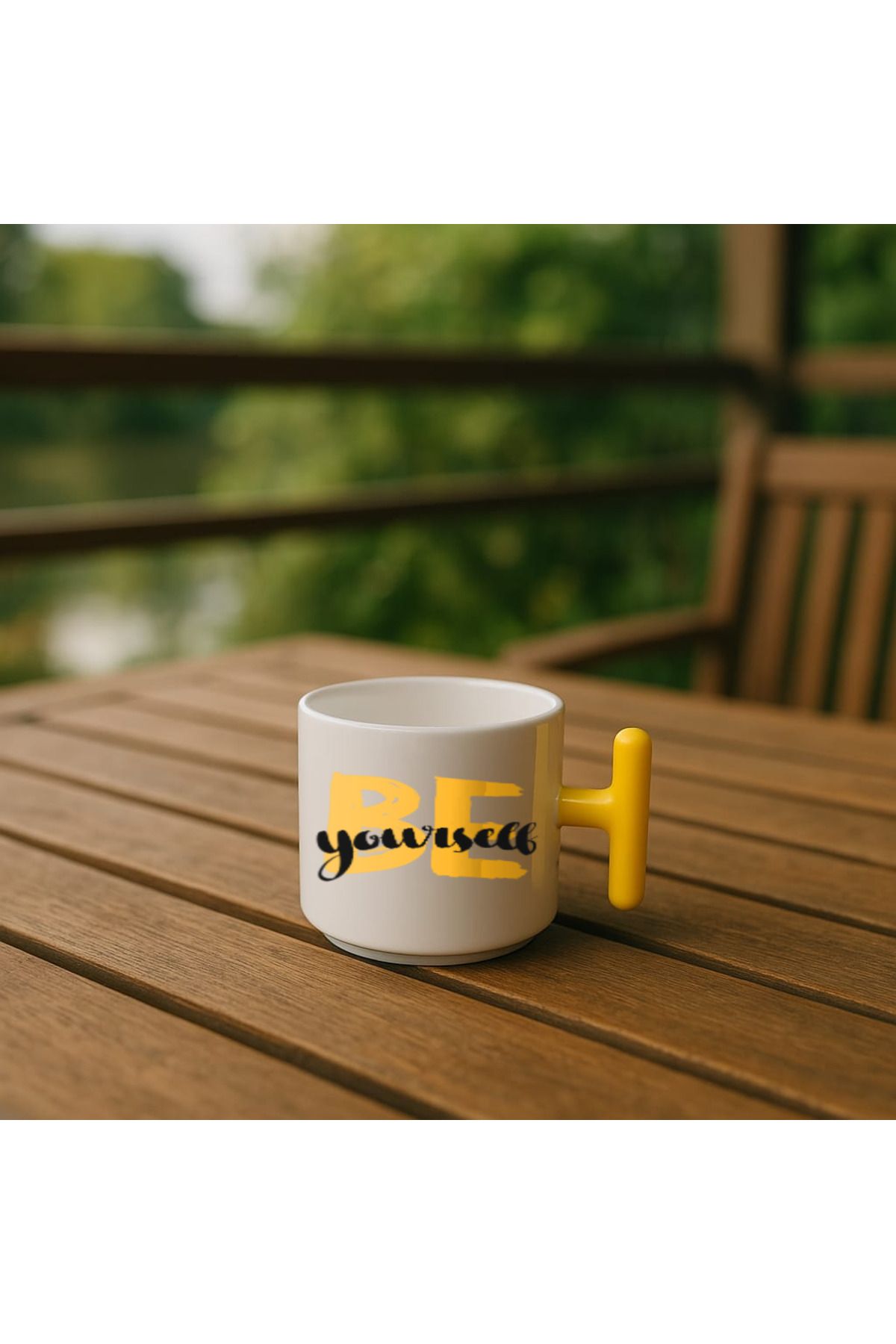 GTFzon Sarı Kulplu Seramik Baskılı Latte Kupa