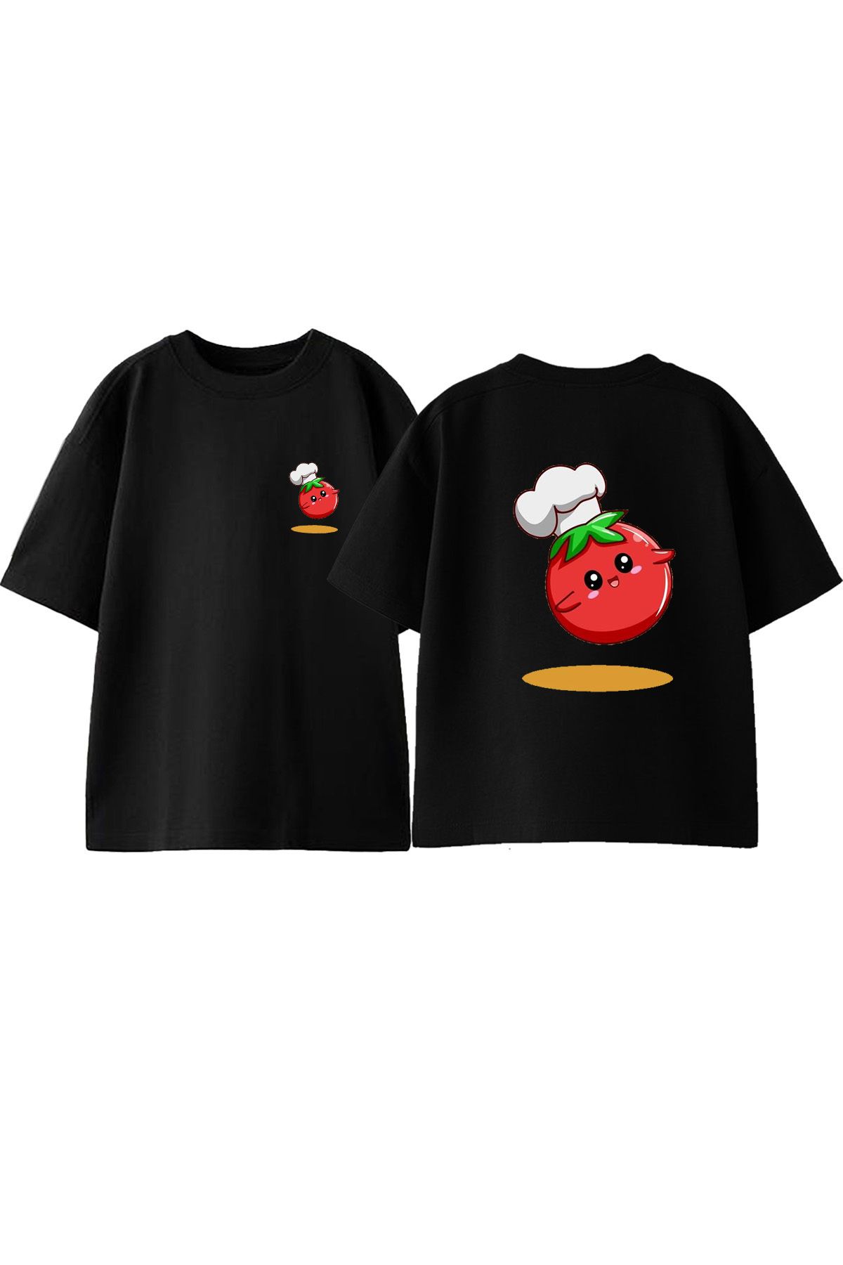 Anetos Tatlı Domates Ön Arka Baskılı Pamuk Siyah Oversize T shirt
