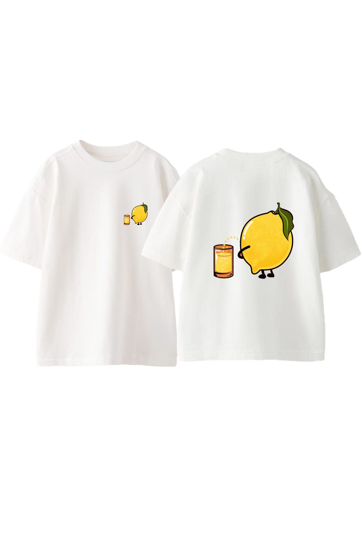 Anetos Limonata Yapımı Ön Arka Baskılı Pamuk Beyaz Oversize T shirt