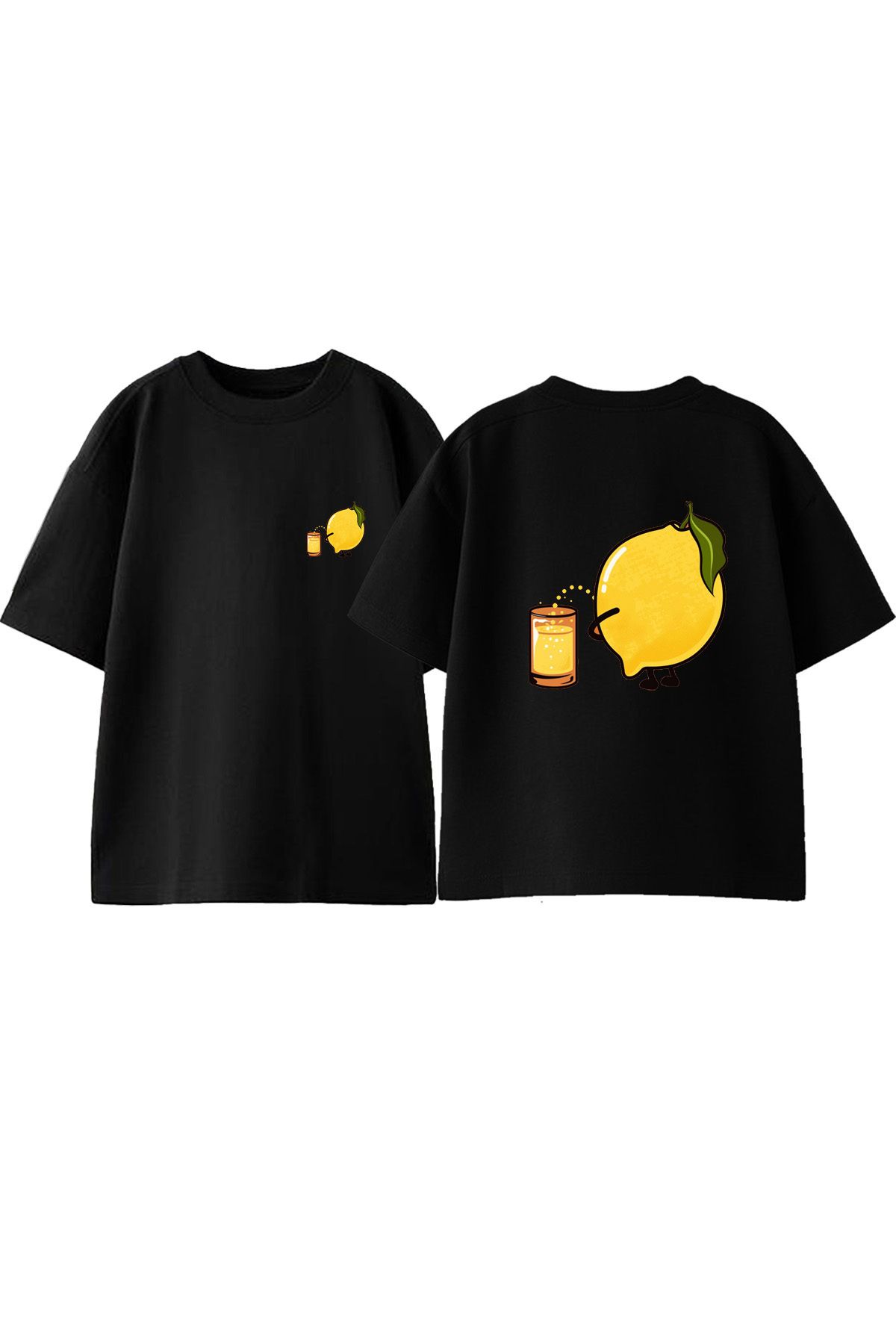 Anetos Limonata Yapımı Ön Arka Baskılı Pamuk Siyah Oversize T shirt