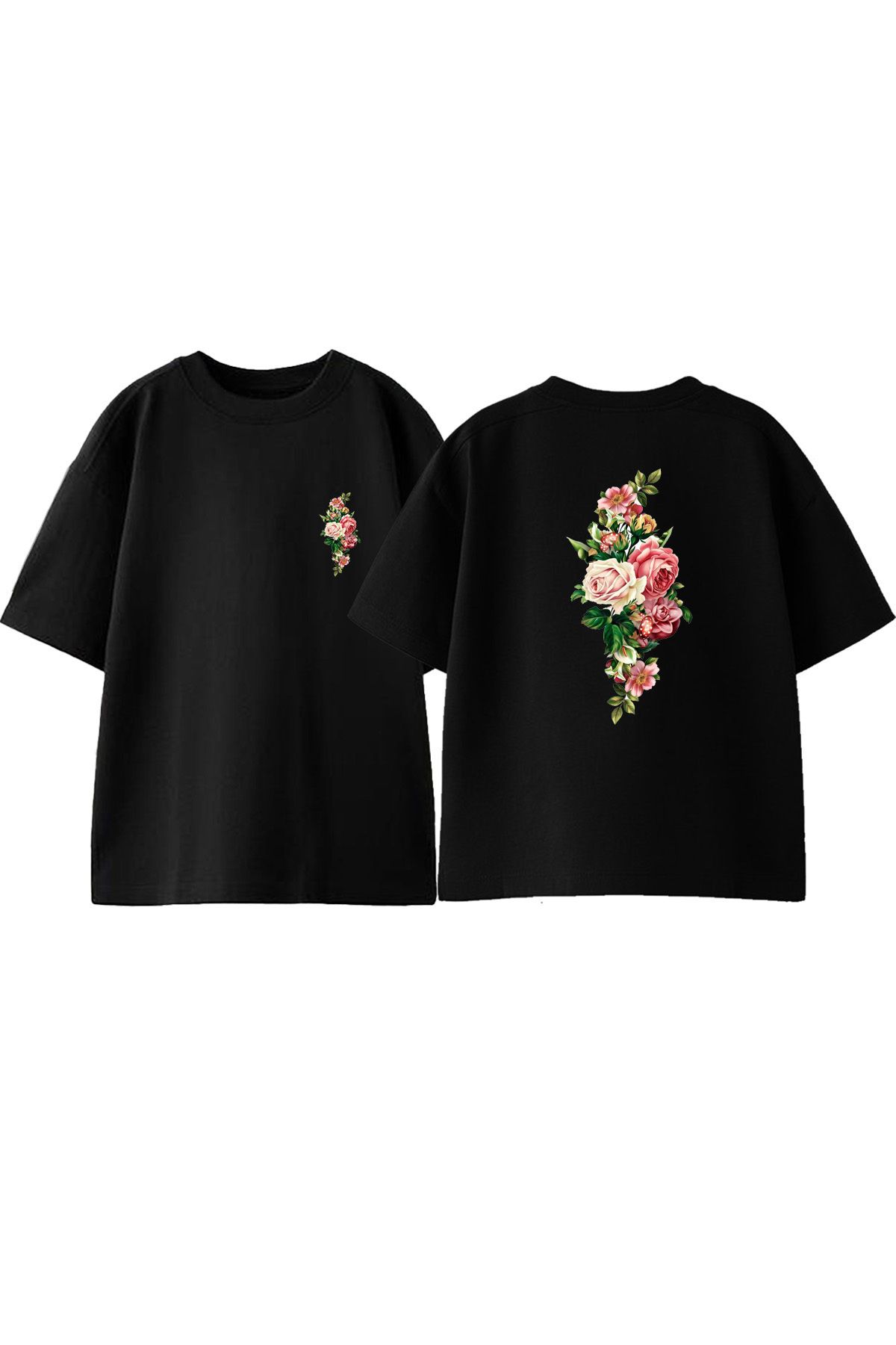 Anetos Güller Ön Arka Baskılı Pamuk Siyah Oversize T shirt