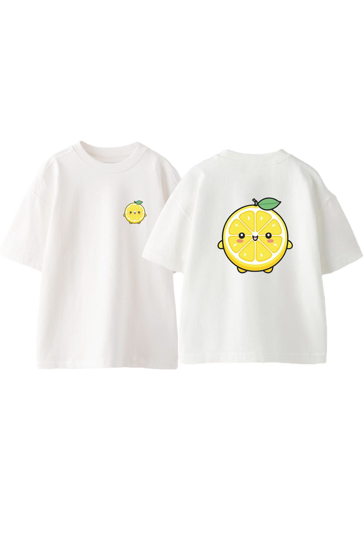 Anetos Sevimli Limon Ön Arka Baskılı Pamuk Beyaz Oversize T shirt
