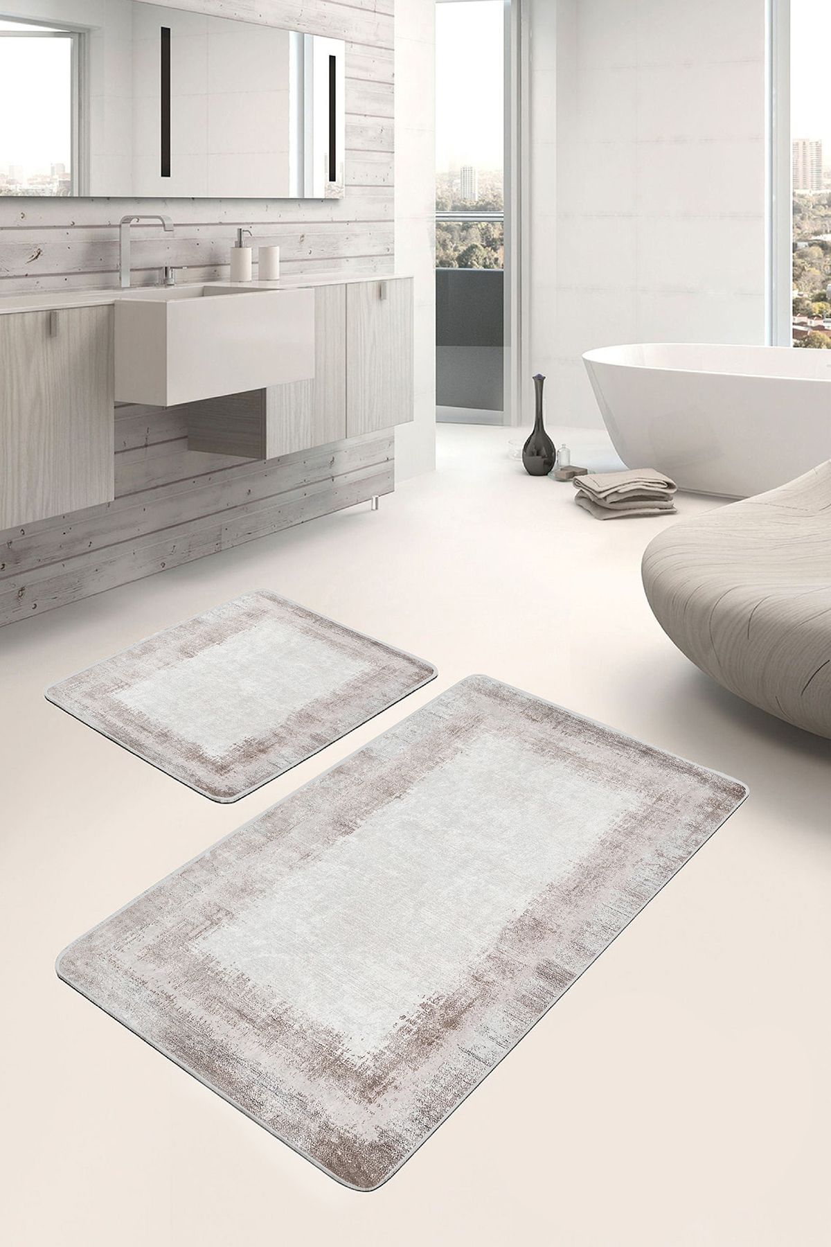 Realhomes Krem Bej Zeminde Çerçeveli Motifli Dokuma Sade Şık Eskitme Motifli 2'li Banyo Mutfak Paspas Takımı