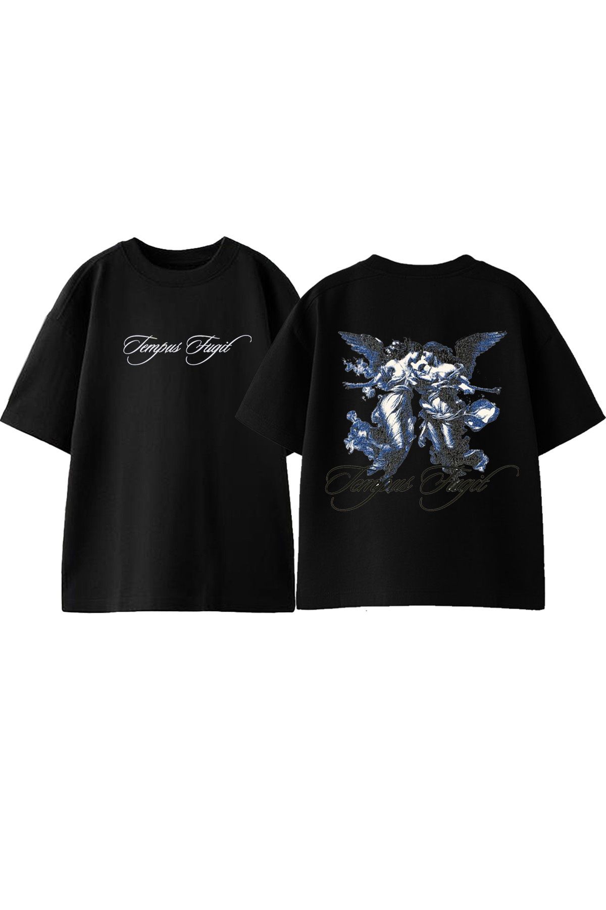 Anetos Angel Blue Ön Arka Baskılı Pamuk Siyah Oversize T shirt