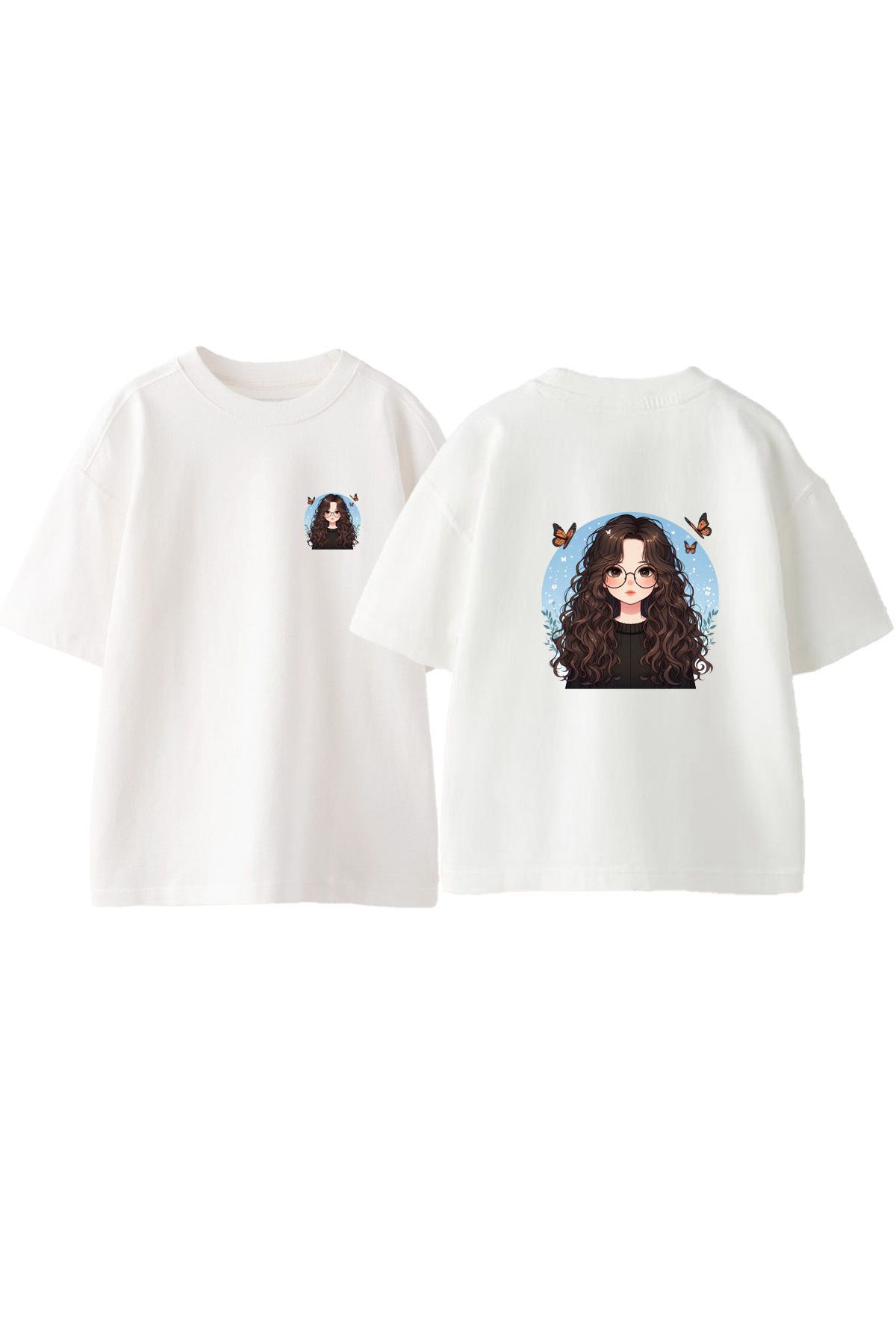 Anetos Tatlı Kız Ön Arka Baskılı Pamuk Beyaz Oversize T shirt