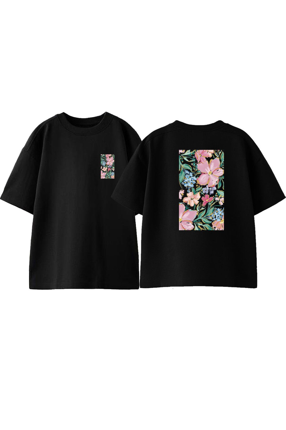 Anetos Suluboya Cicek Ön Arka Baskılı Pamuk Siyah Oversize T shirt