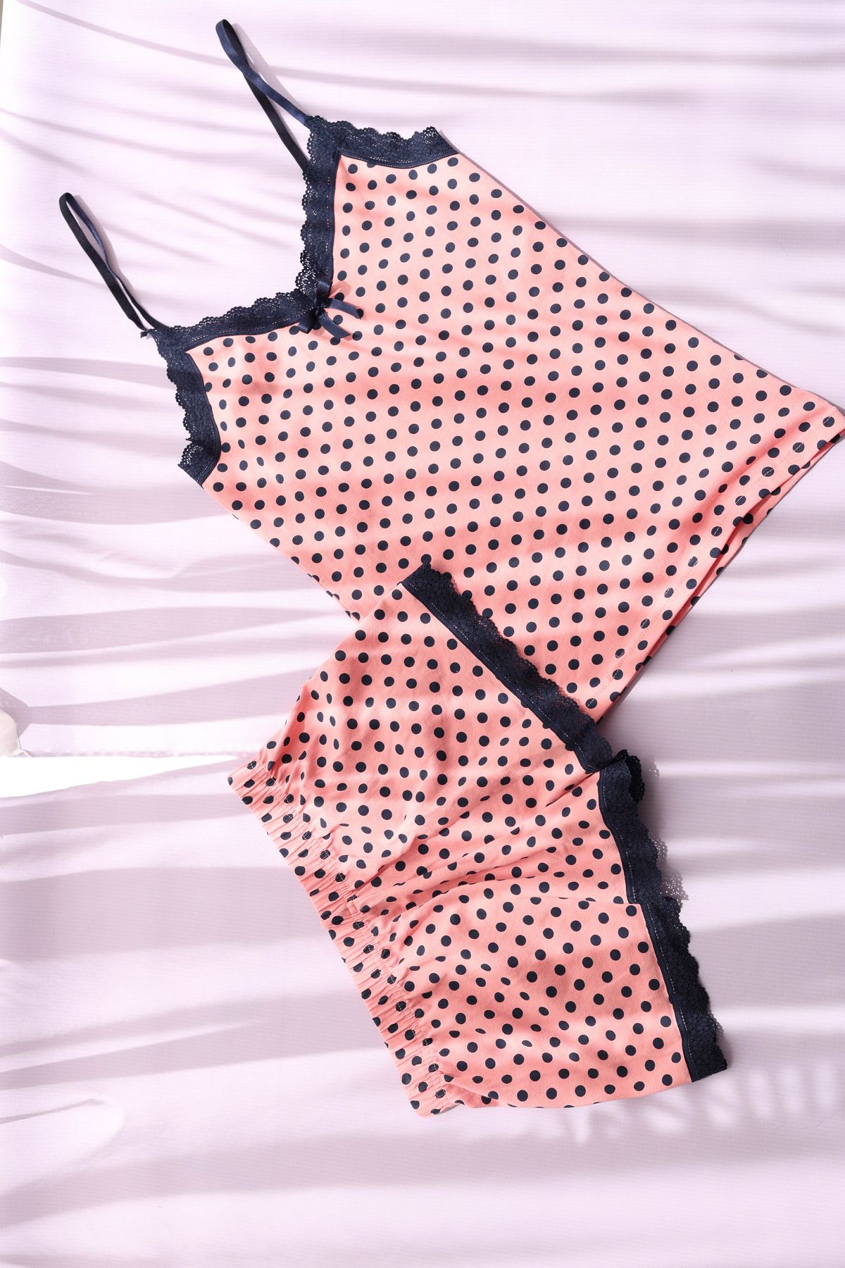lovenel for love Pembe Puantiyeli Şortlu Pamuklu İp Askılı Pijama Takımı