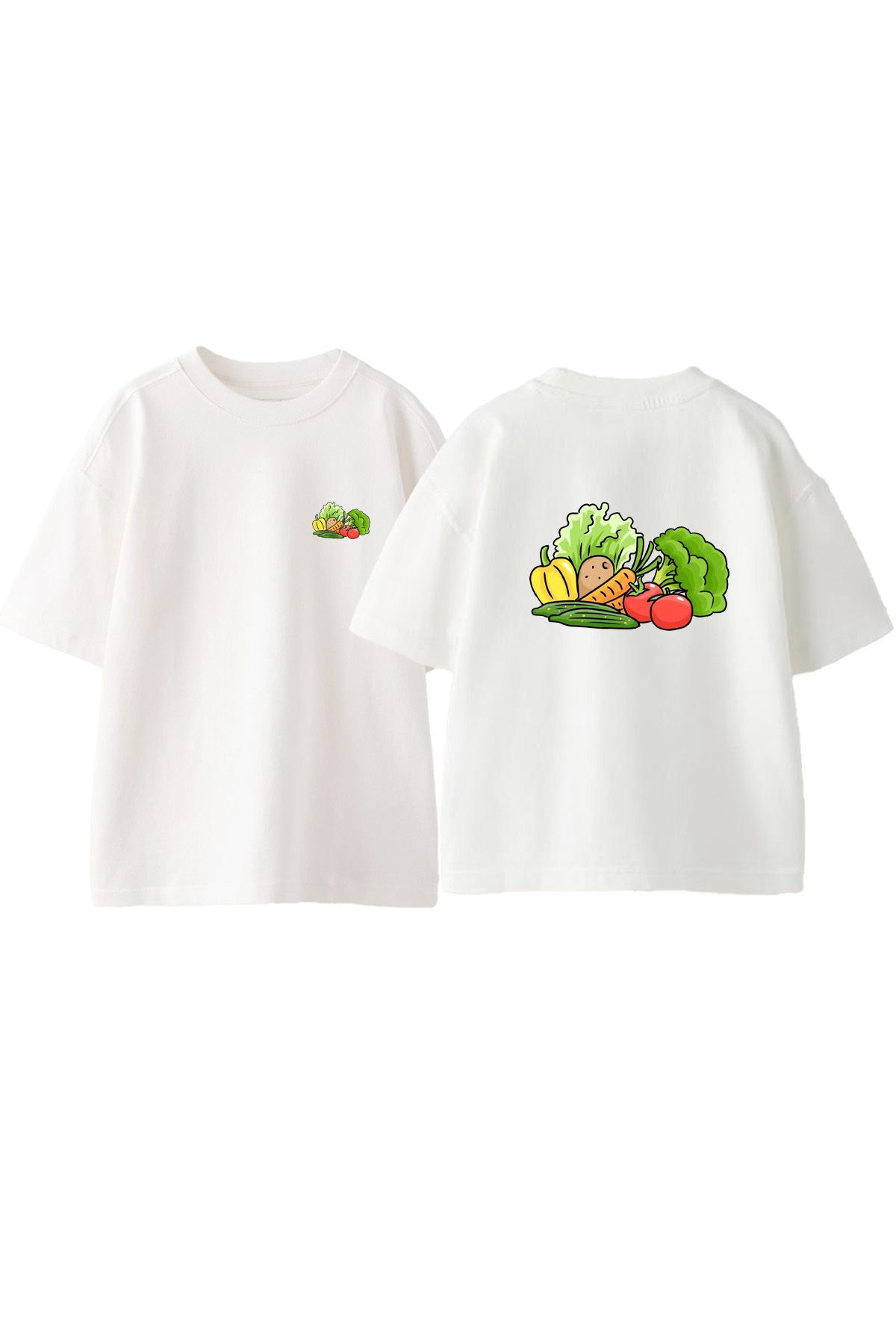 Anetos Sebzeler Ön Arka Baskılı Pamuk Beyaz Oversize T shirt