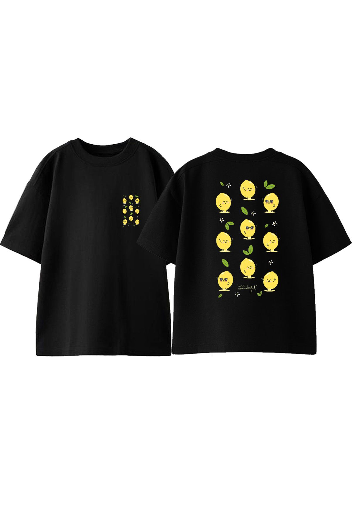 Anetos Limonlar Ön Arka Baskılı Pamuk Siyah Oversize T shirt