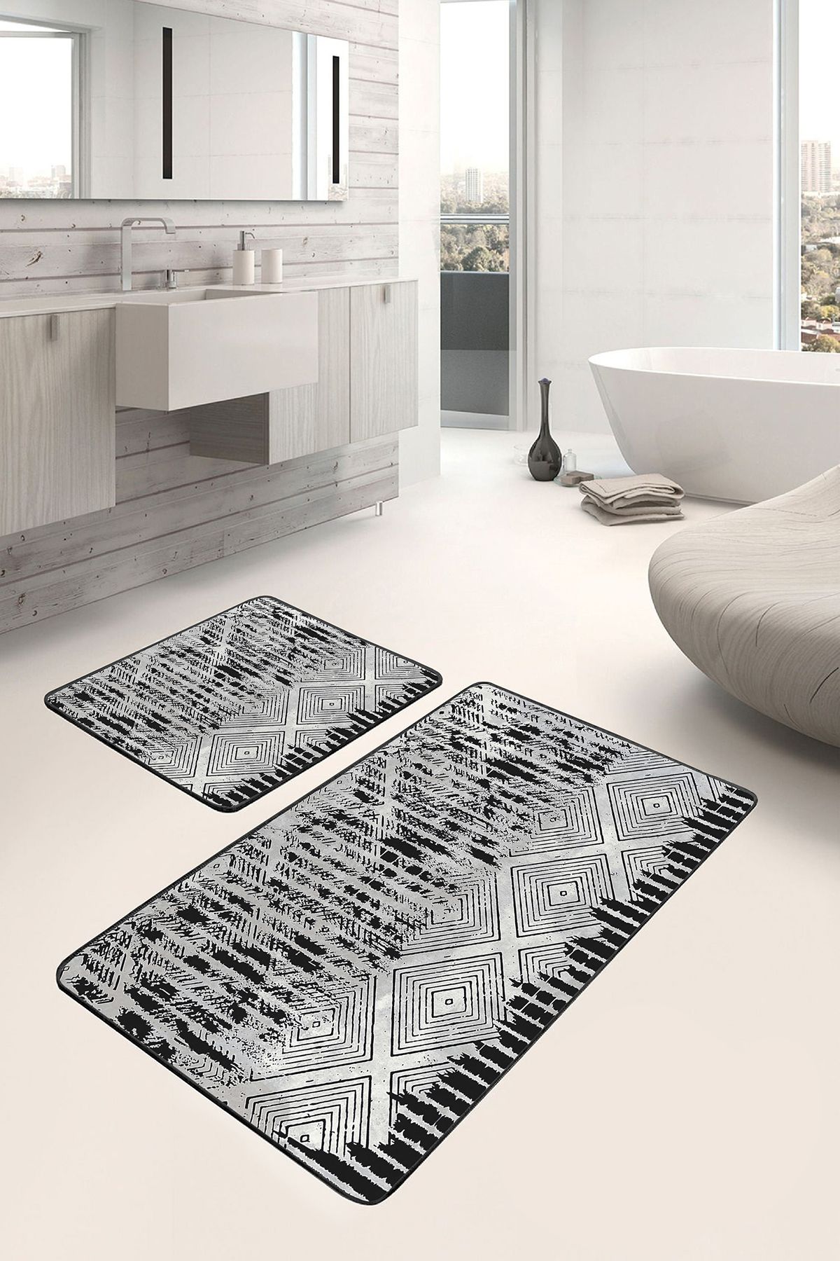 Realhomes Siyah - Gri Zeminde Eskitme Motifli Kilm Eskitme Motifli Geometrik 2'li Banyo & Mutfak Paspas Takımı