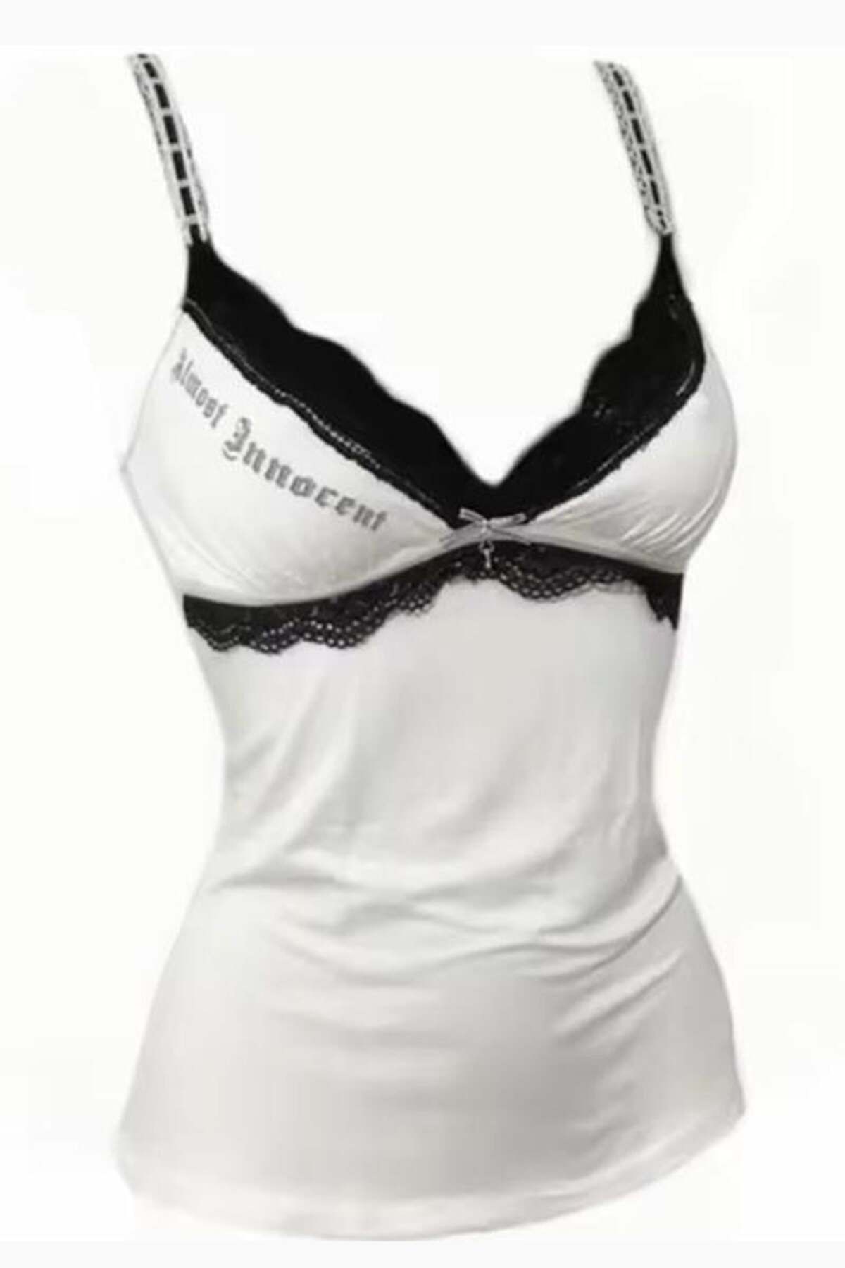 BALİNA Beyaz Almost Innocent Siyah Dantel Gotik Y2K Askılı Crop -ALH