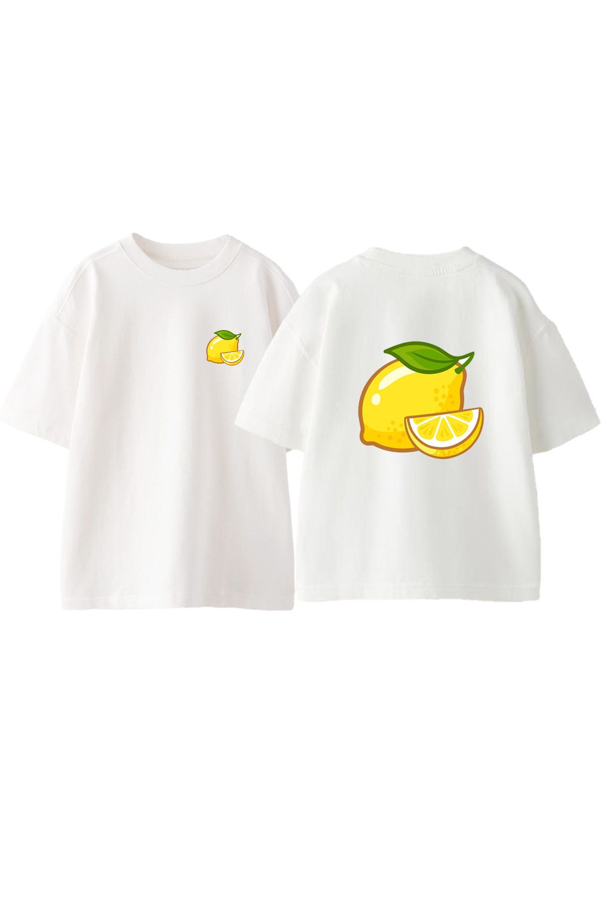 Anetos Limon Dilimi Ön Arka Baskılı Pamuk Beyaz Oversize T shirt