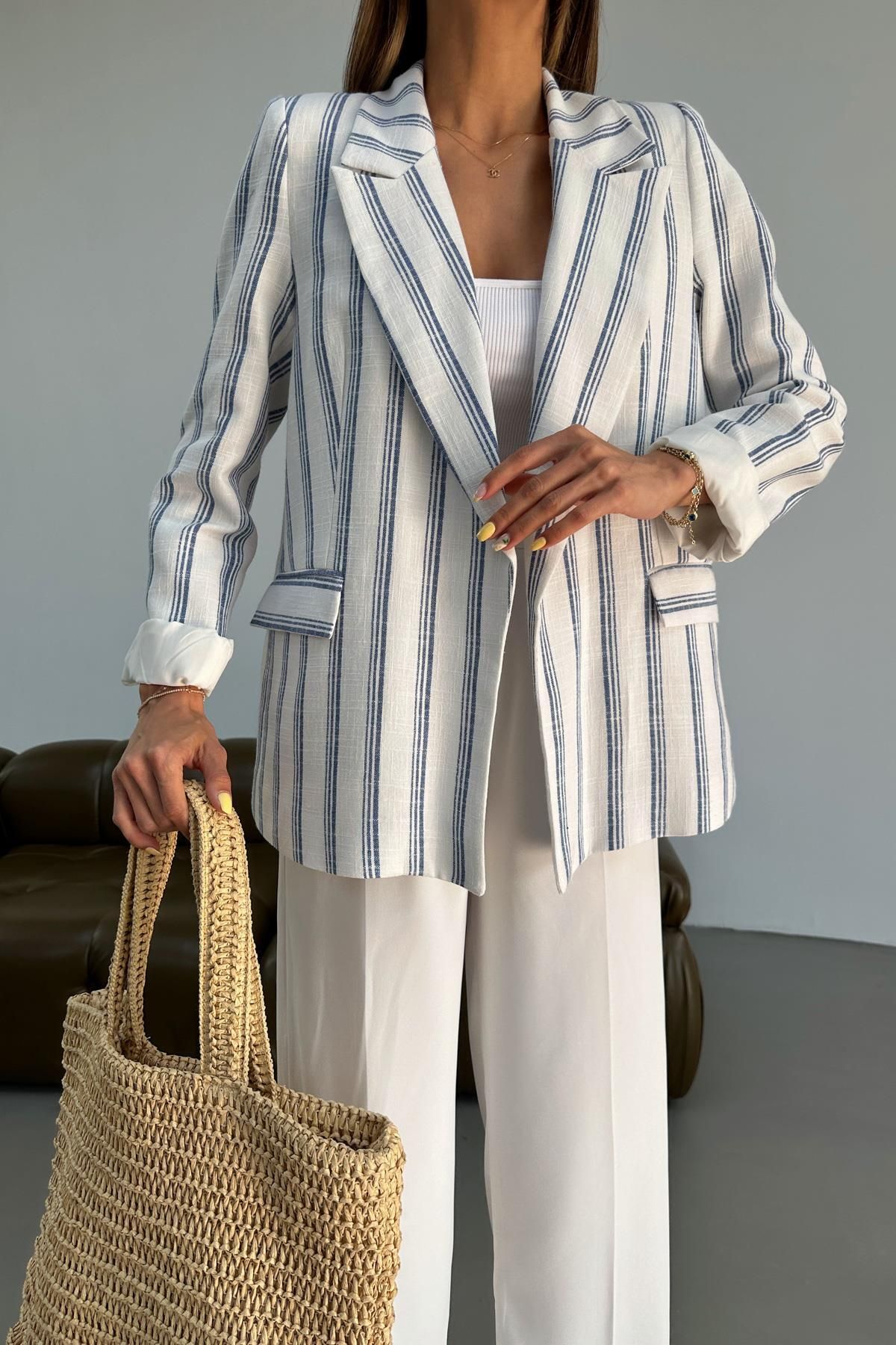 mylove Keten Çizgili Blazer Ceket Mavi