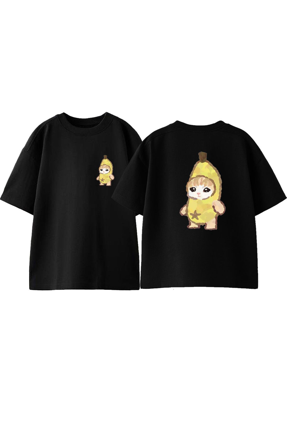 Anetos Tatlı Muz Kedi Ön Arka Baskılı Pamuk Siyah Oversize T shirt