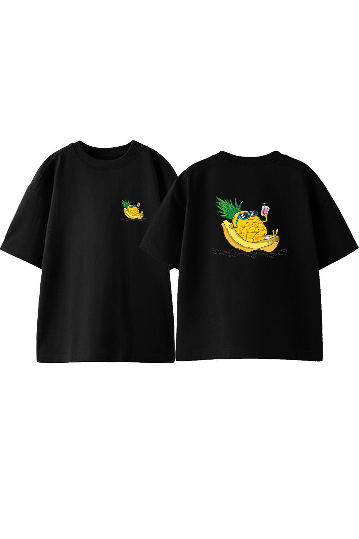 Anetos Muz Ustundeki Ananans Ön Arka Baskılı Pamuk Siyah Oversize T shirt