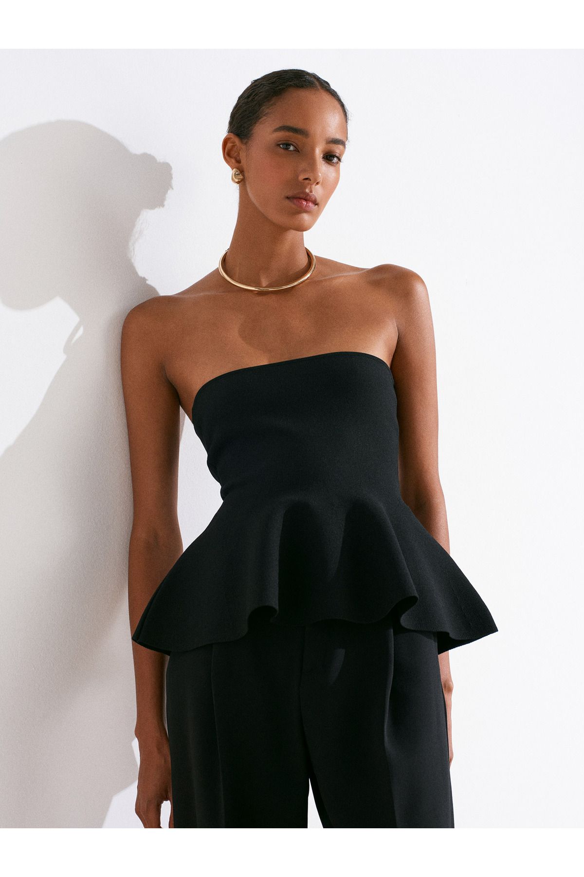 Dilvin 10791 Straplez Peplum Triko Top-Siyah
