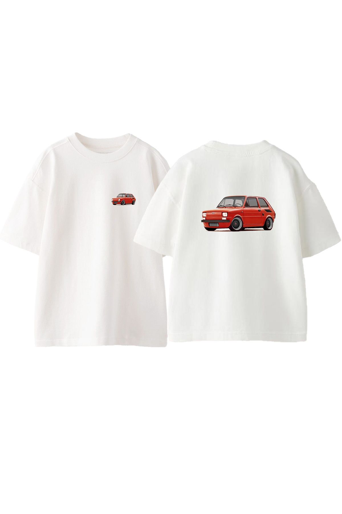 Anetos Araba Ön Arka Baskılı Pamuk Beyaz Oversize T shirt