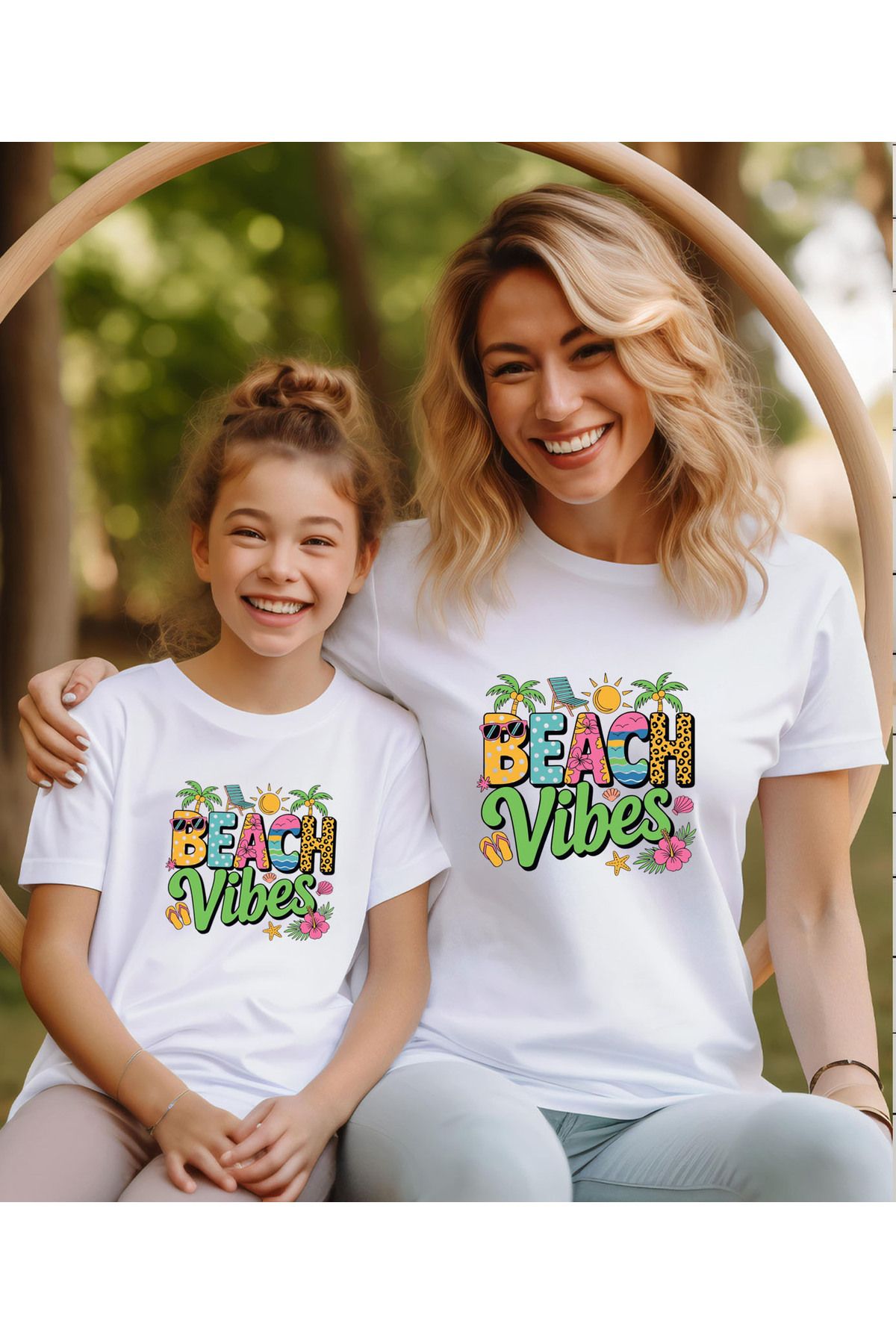 ASELİNDA Beach Vibes Tatil Baskılı Anne-Kız kombin Tişört (kombin için sepete 2 adet ekleyiniz)