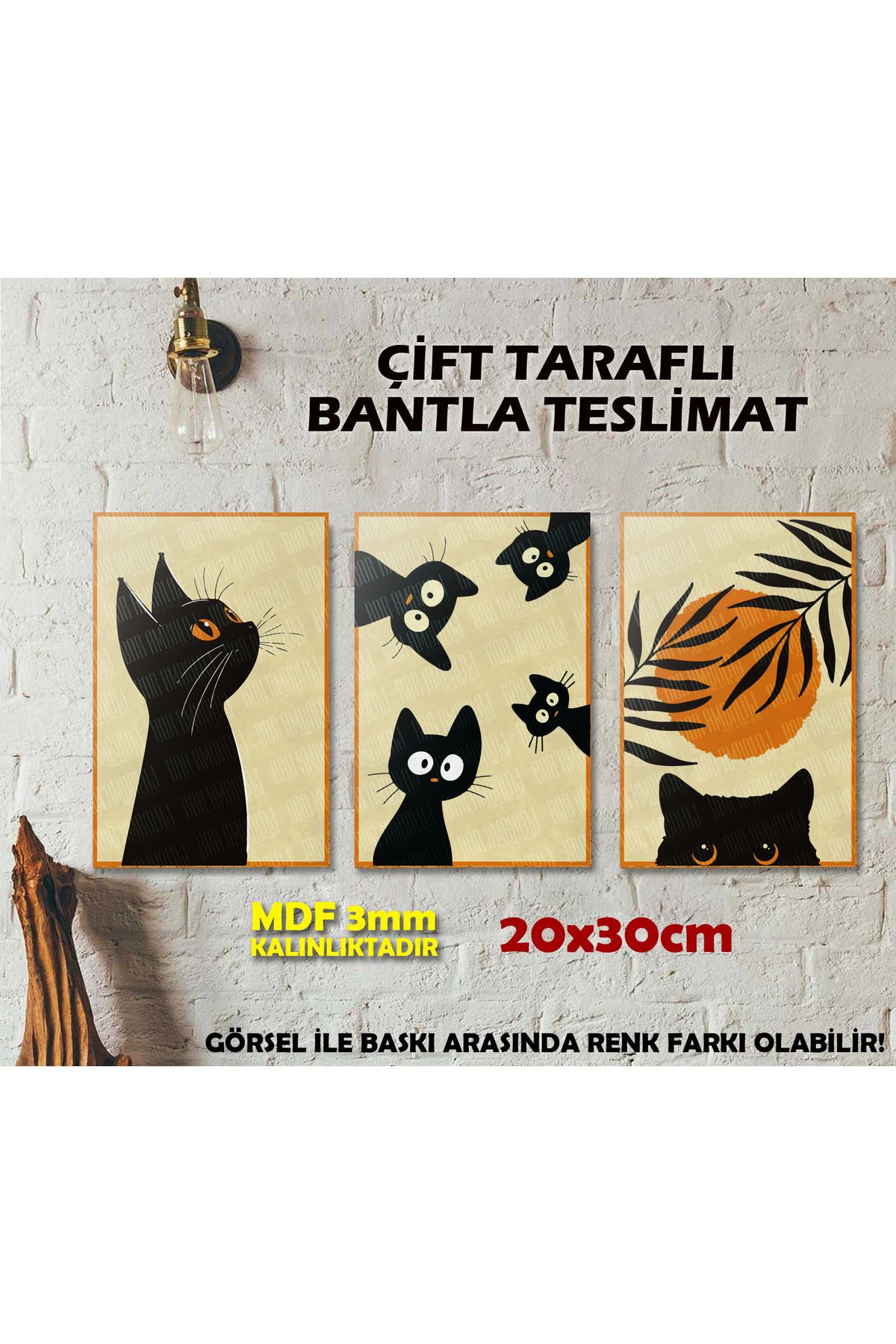 Borambalaj Minimalist Kedi Tasarımlı Çerçeve Görünümlü 3 Adet MDF Tablo 20x30cm