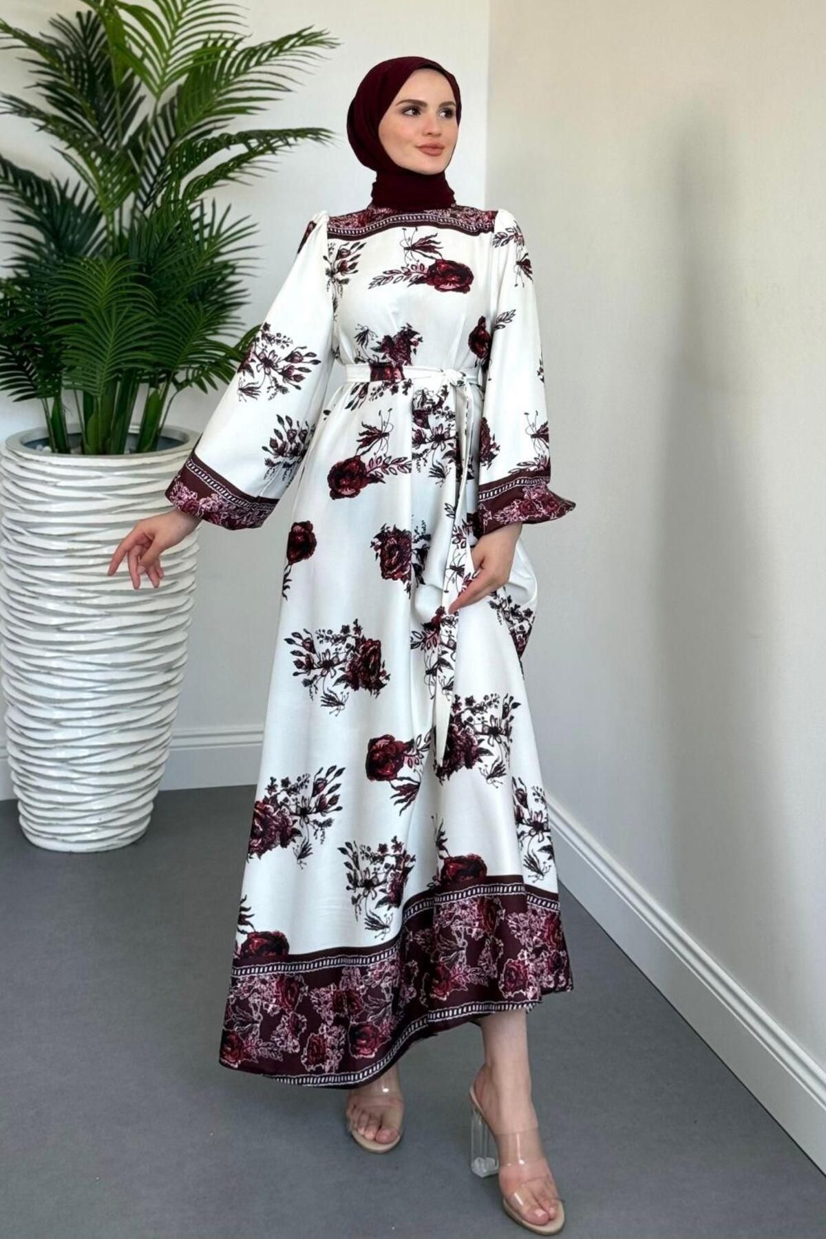 MERVEN AKYÜZ Ellarose Saten Elbise Bordo