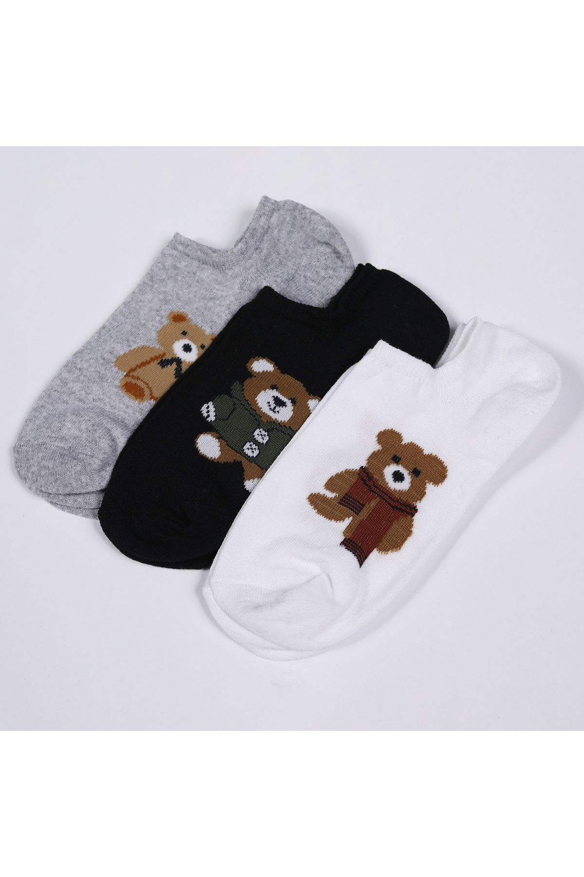 çorapmanya 3 Çift Sevimli Çok Renkli Teddy Karikatür Desenli Kadın Görünmez / Sniker Çorap Yıkanmış Kokulu