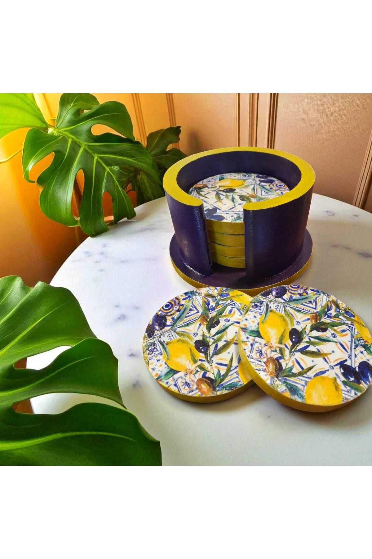 Satori Design Limon Temalı El Boyama Kalın Ahşap Bardak Altlığı Seti