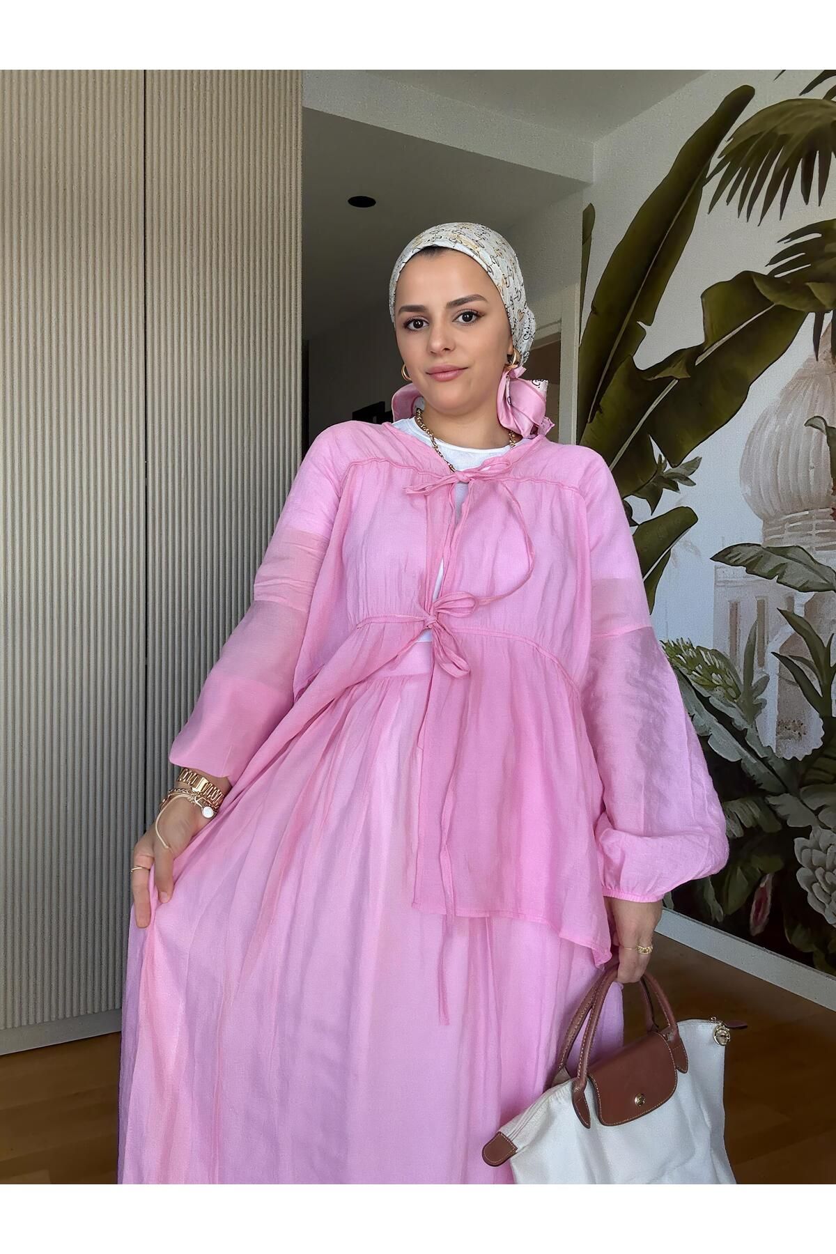 Aselim Hijap Moda Pamuk Vual Kimono Etekli Takım | Astarlı | 36-44 Beden Pembe