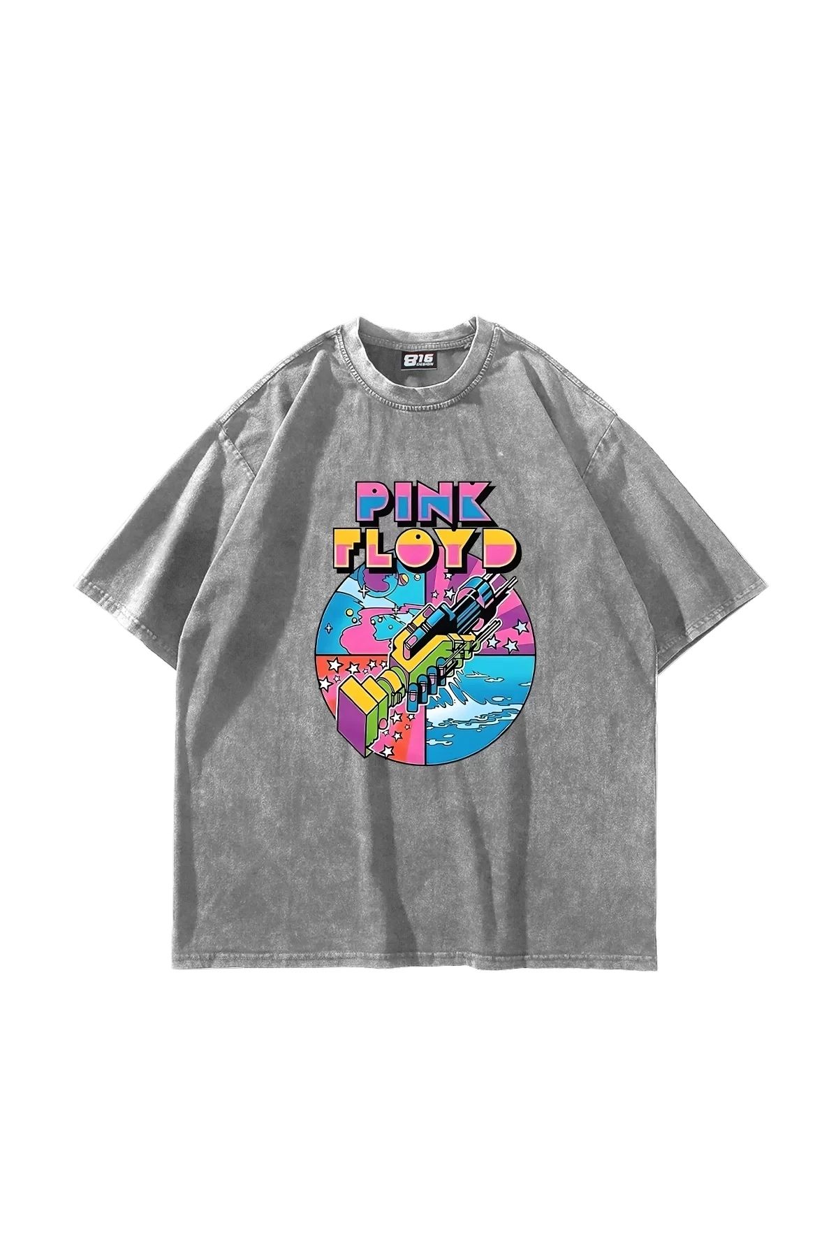 Bak Moda P Floyd. Baskılı Oversize Unisex Yıkamalı Beyaz Tshirt