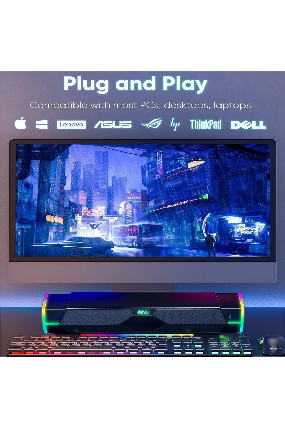 FlashHawk-مكبر صوت ساوند بار للكمبيوتر، مكبر صوت سطح مكتب ستيريو ثلاثي الأبعاد مزود بمنفذ USB مع أضواء LED RGB وبلوتوث 5.3 5