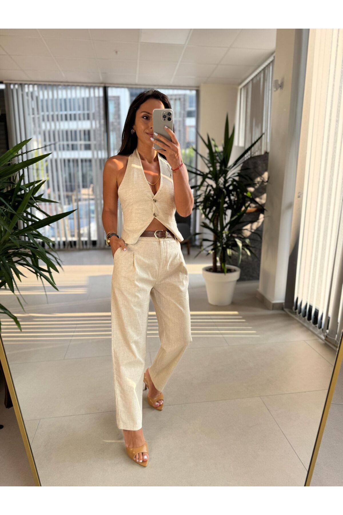 caddstore Fw 7238 Natürel Kahve Kemerli Yelekli Takım